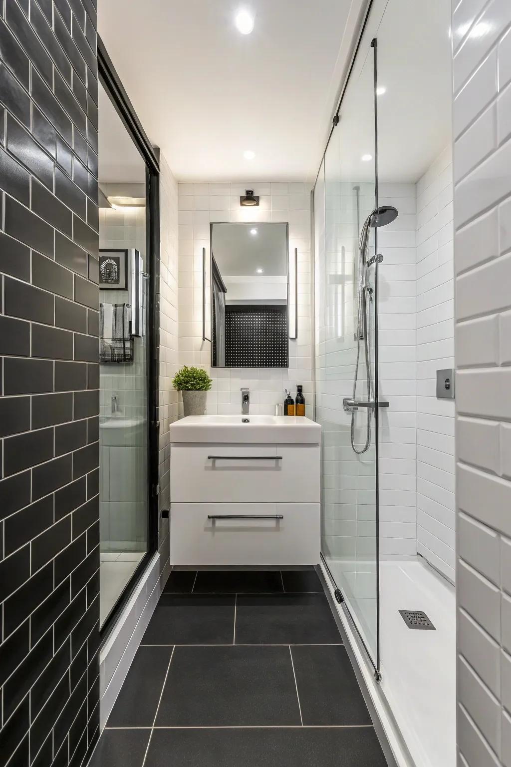 Contrasting colors add depth and sophistication to small bathrooms.