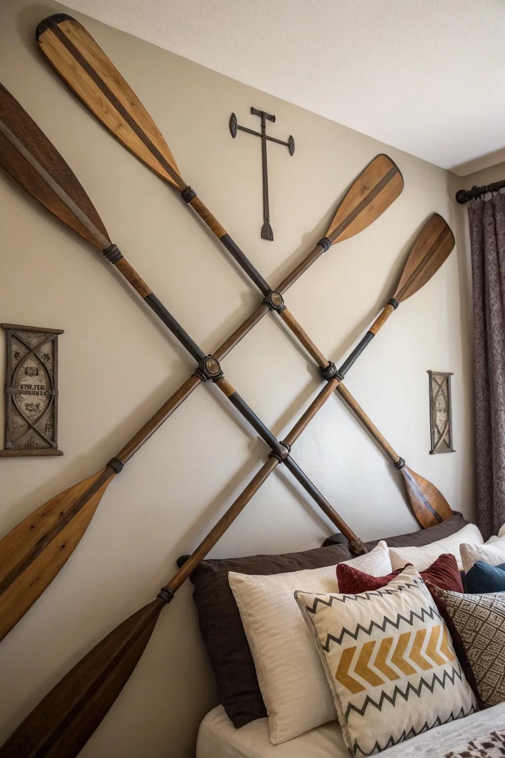 Boat oars add a distinctive nautical appeal to the decor.