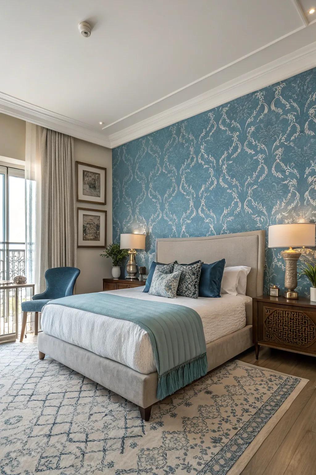 The blue wallpaper feature wall adds personality and creates depth within the bedroom.