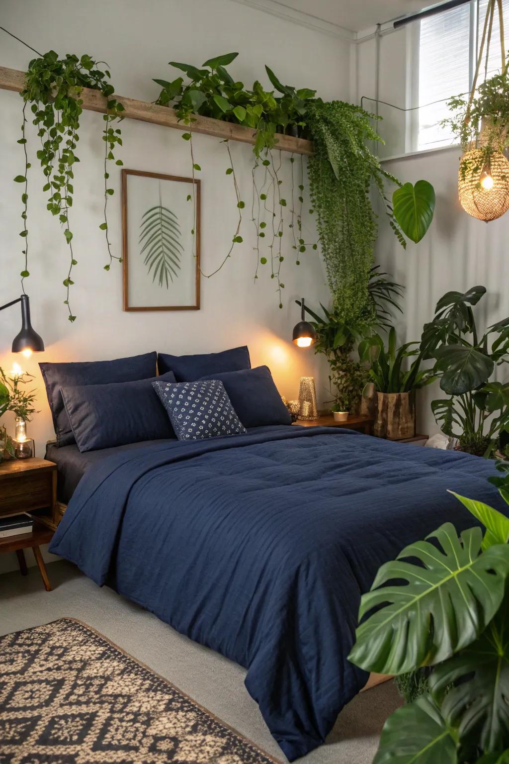 Refresh your space with dark blue bedding and lush greenery.