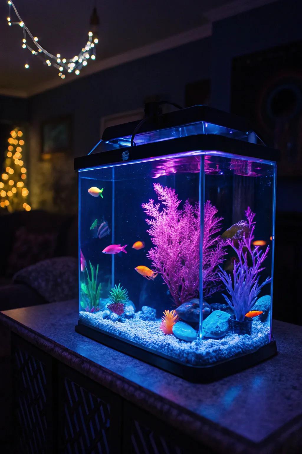 Ultraviolet light enhances the glowing effect of this fluorescent water feature.