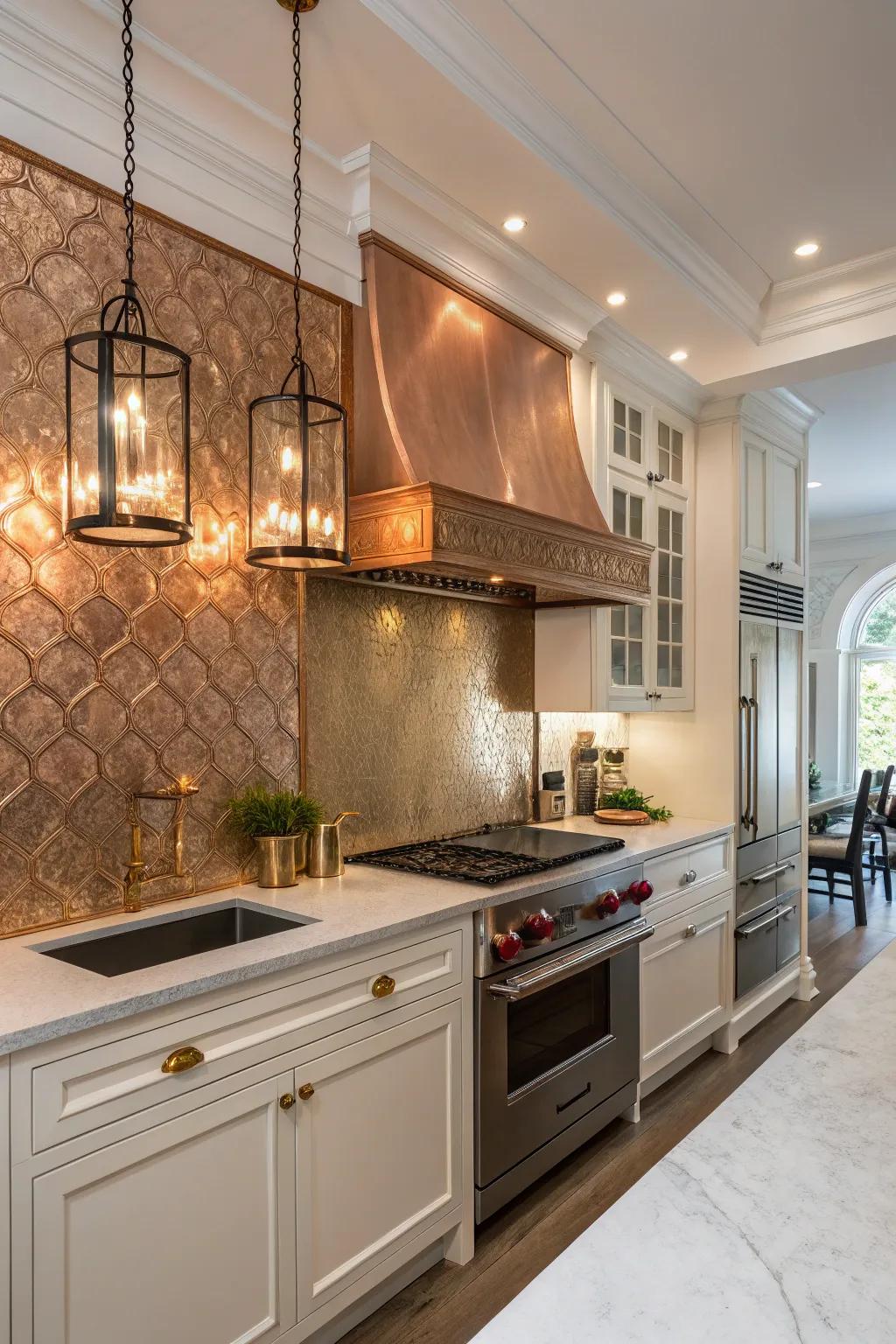 Metal backsplashes bring shimmer and changing style to kitchen designs.