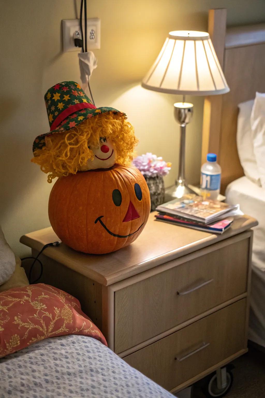 A hairpiece and hat give this pumpkin a lively personality.