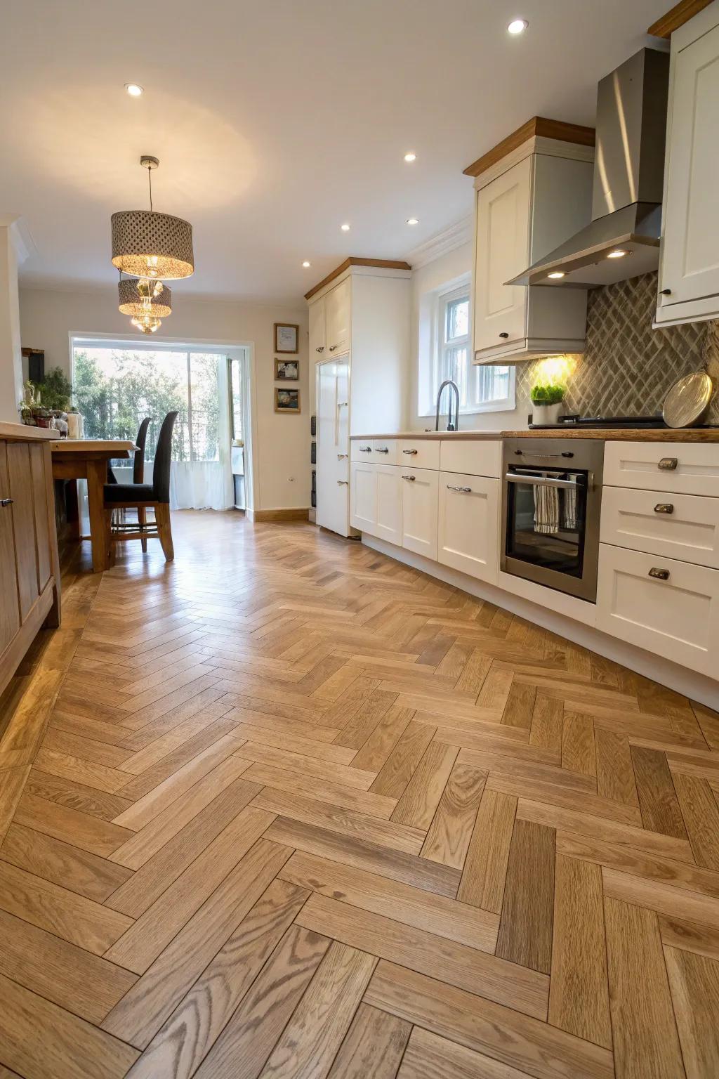 The elegance of the herringbone pattern in oak floor design.