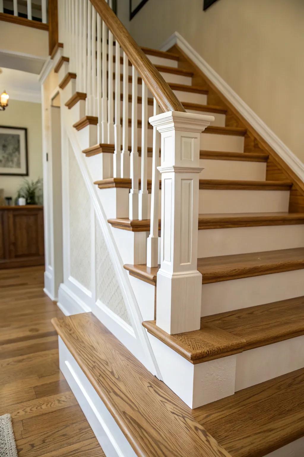 Contrasting colors breathe new life into a traditional oak staircase.