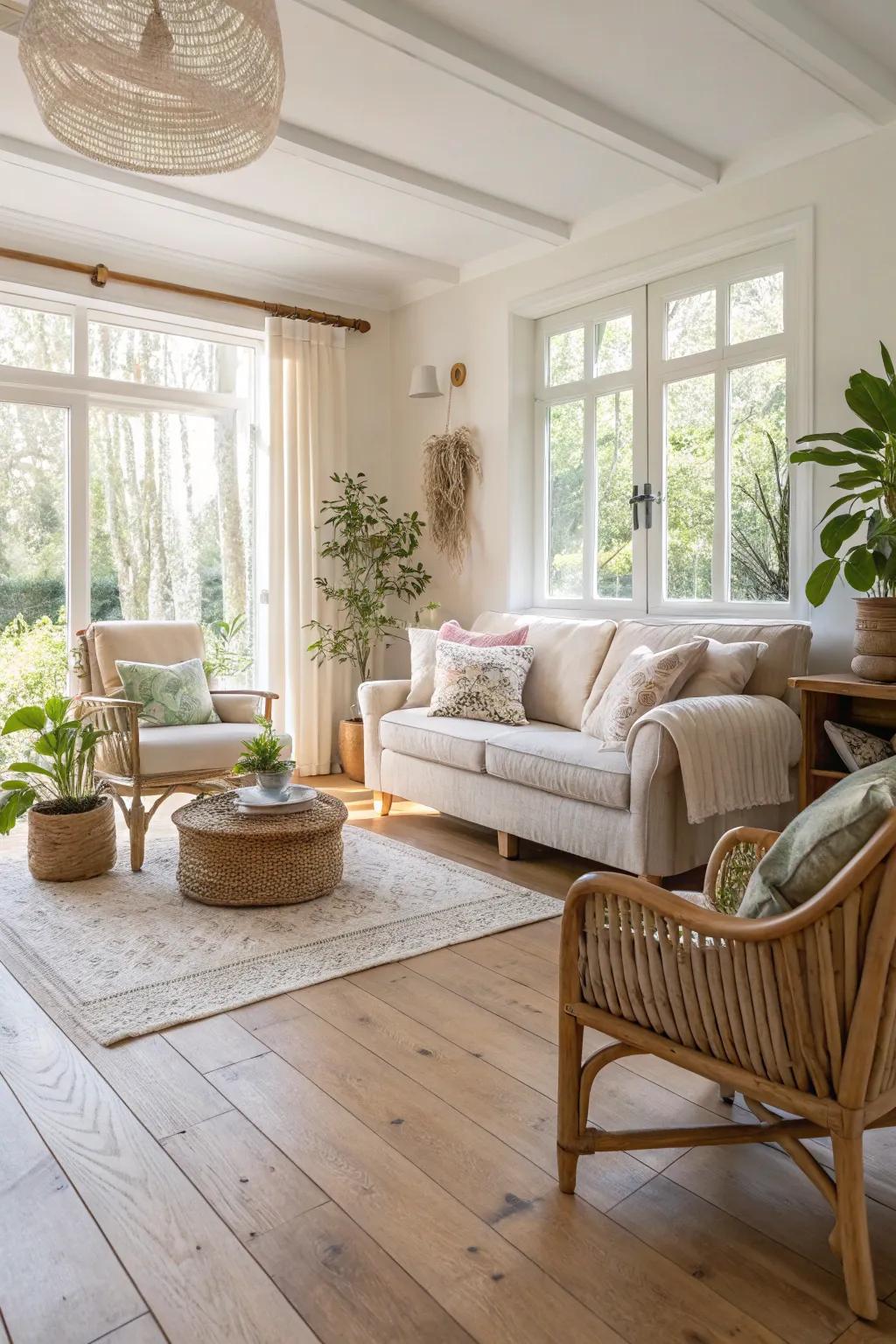 A bright and airy atmosphere complements light oak flooring beautifully.