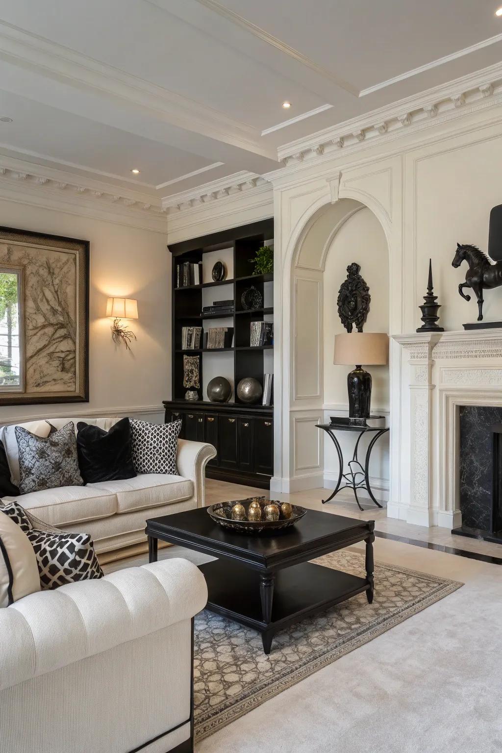 Daring dark aspects introduce drama to an off-white space.