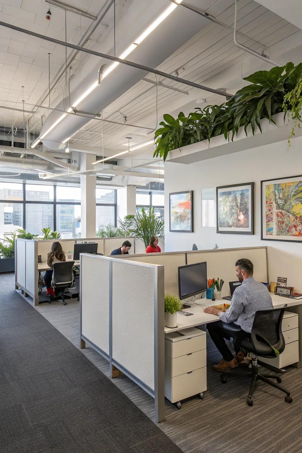 Partial wall separations establish defined yet open zones in offices.