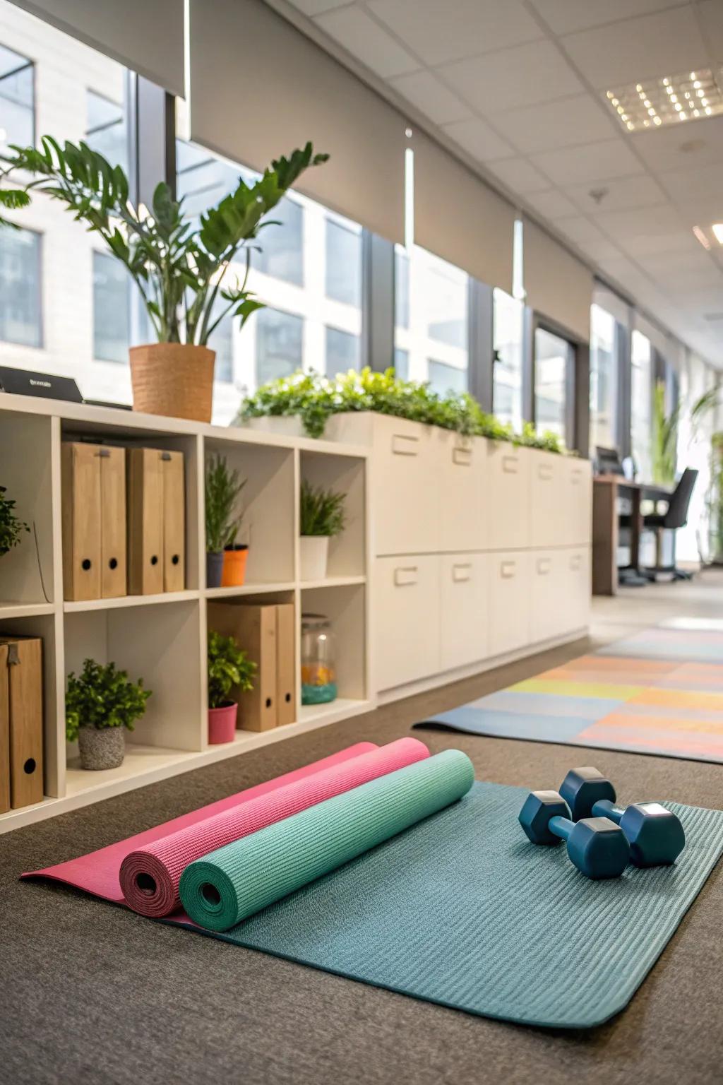 A compact fitness corner for rapid exercise intervals.