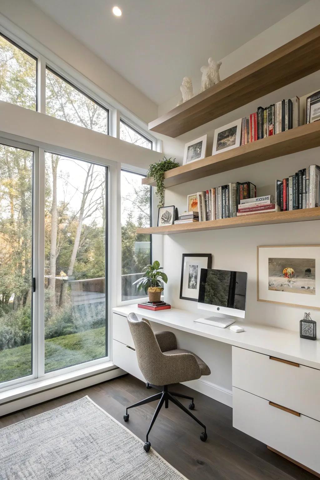 Open shelves offer stylish and practical storage solutions.