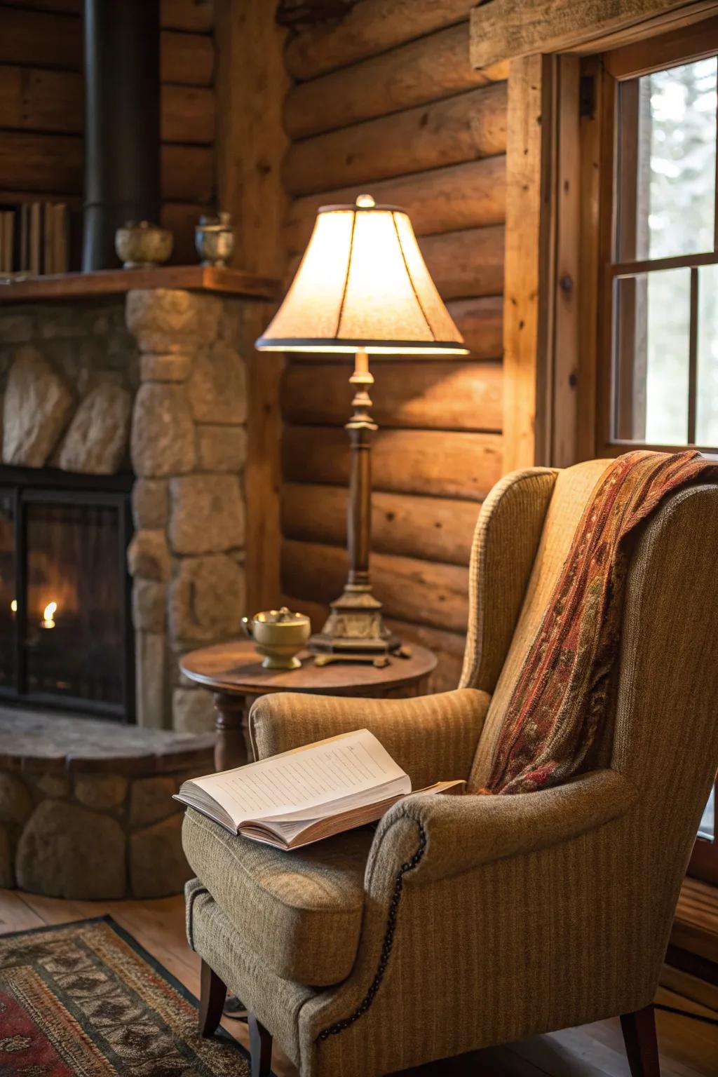 This rustic lodge features a cozy reading nook with a comfortable armchair and lamp.