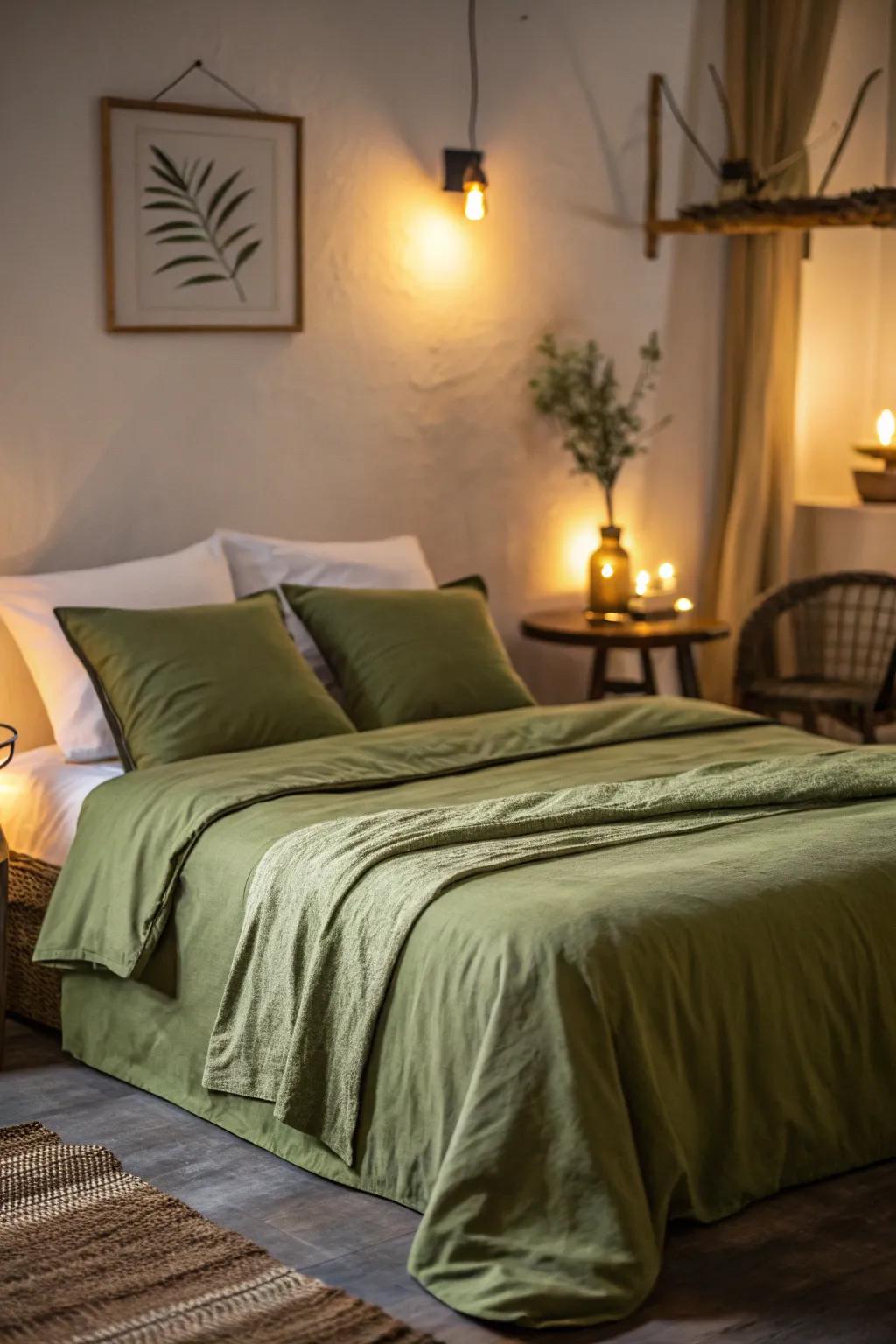 Warm lighting enhances the cozy vibe of deep moss green bedding.