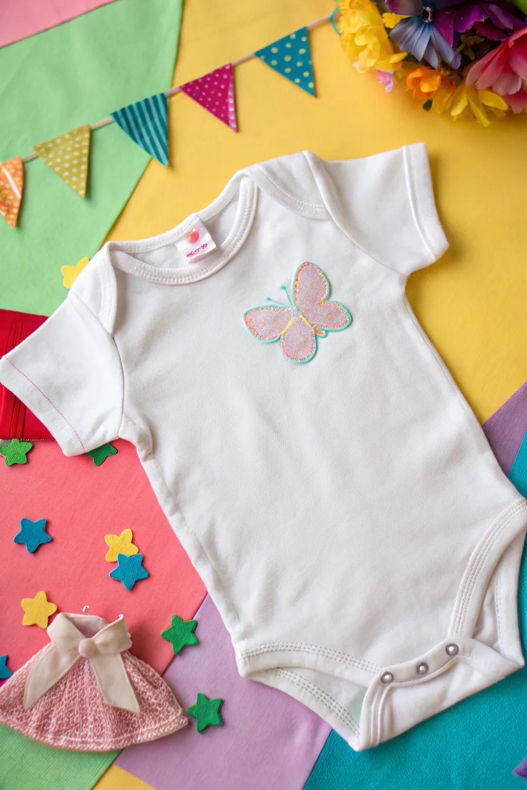 A textured onesie featuring a whimsical butterfly appliqu&eacute;.