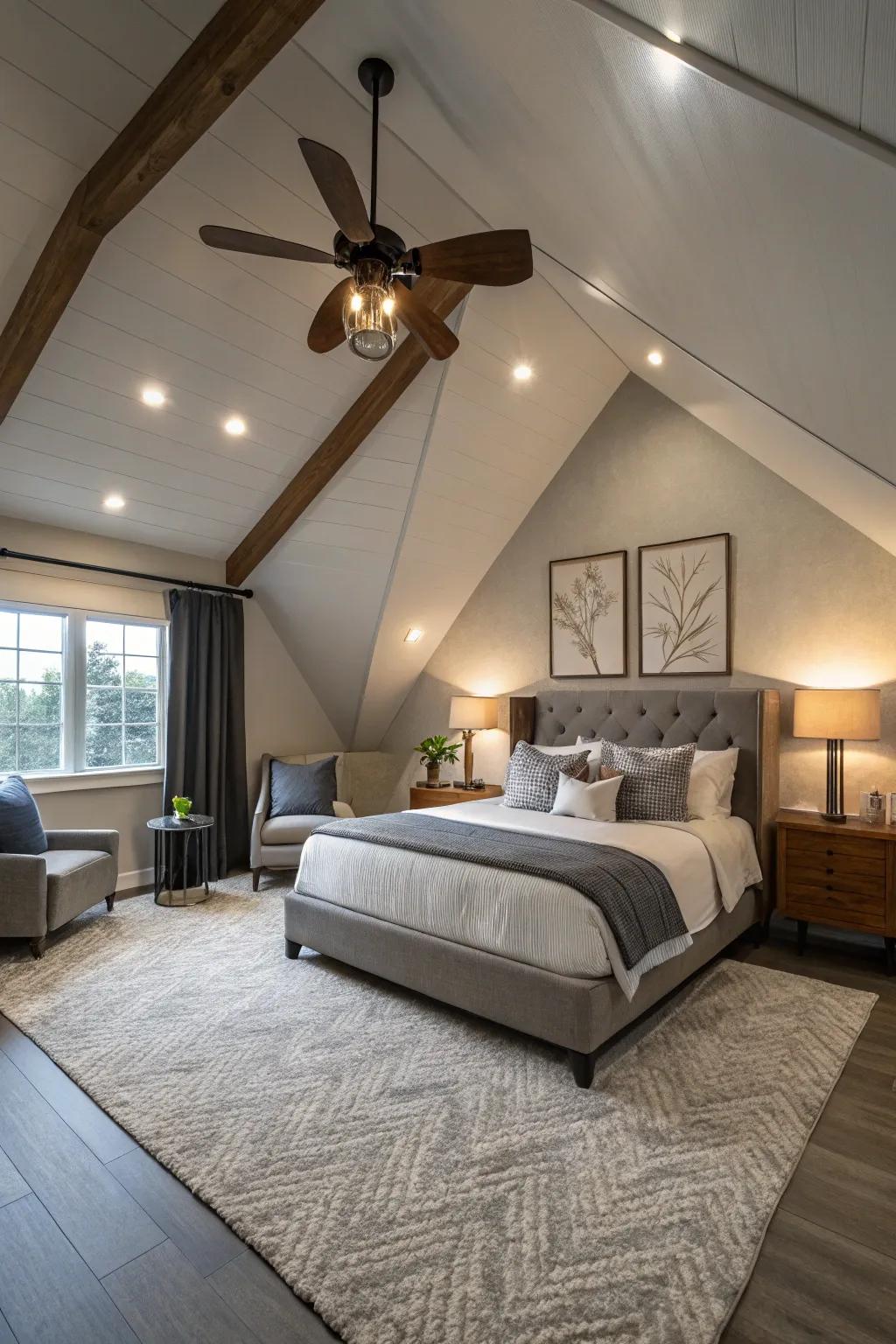 A contemporary bedroom featuring a chic ceiling fan that combines aesthetic appeal with practical use.