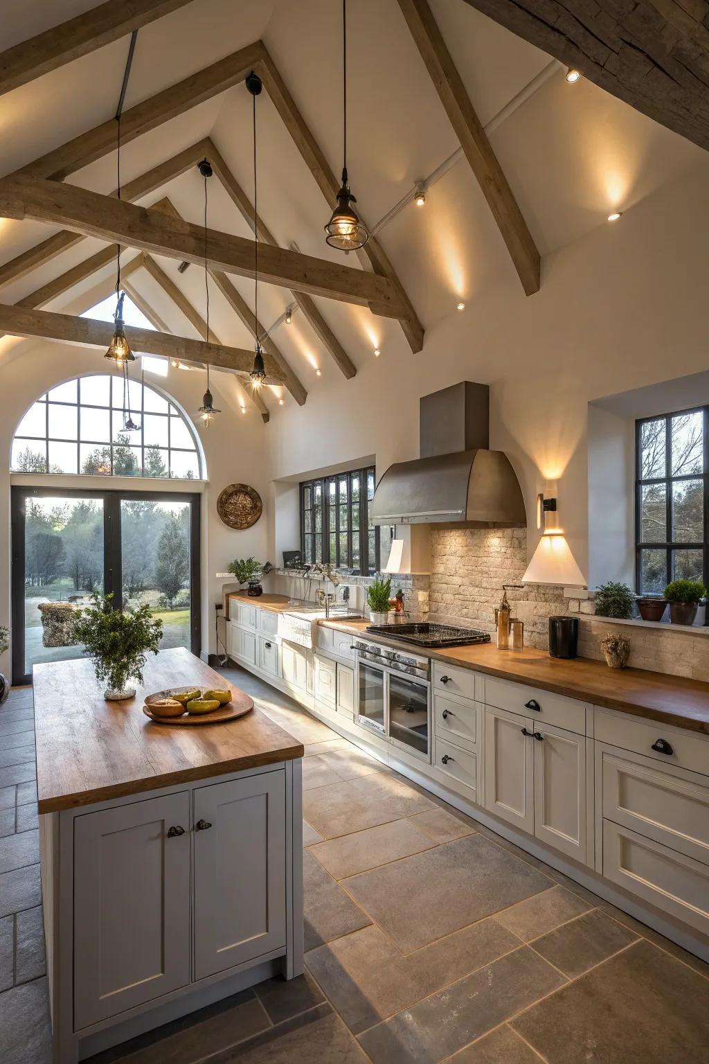 Raised ceilings add height and grandeur to the kitchen.
