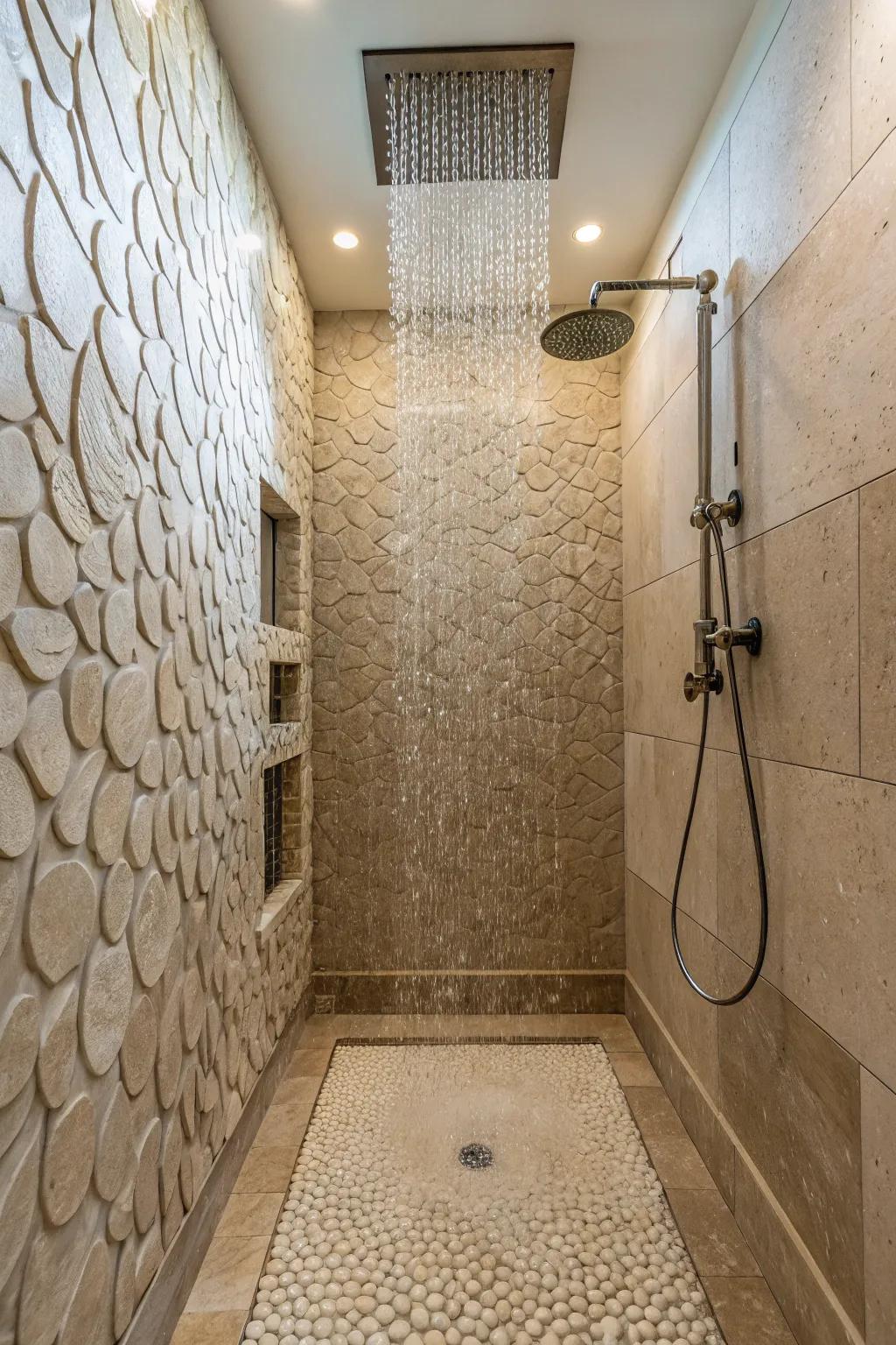 Layered walls add depth and character to your open shower.