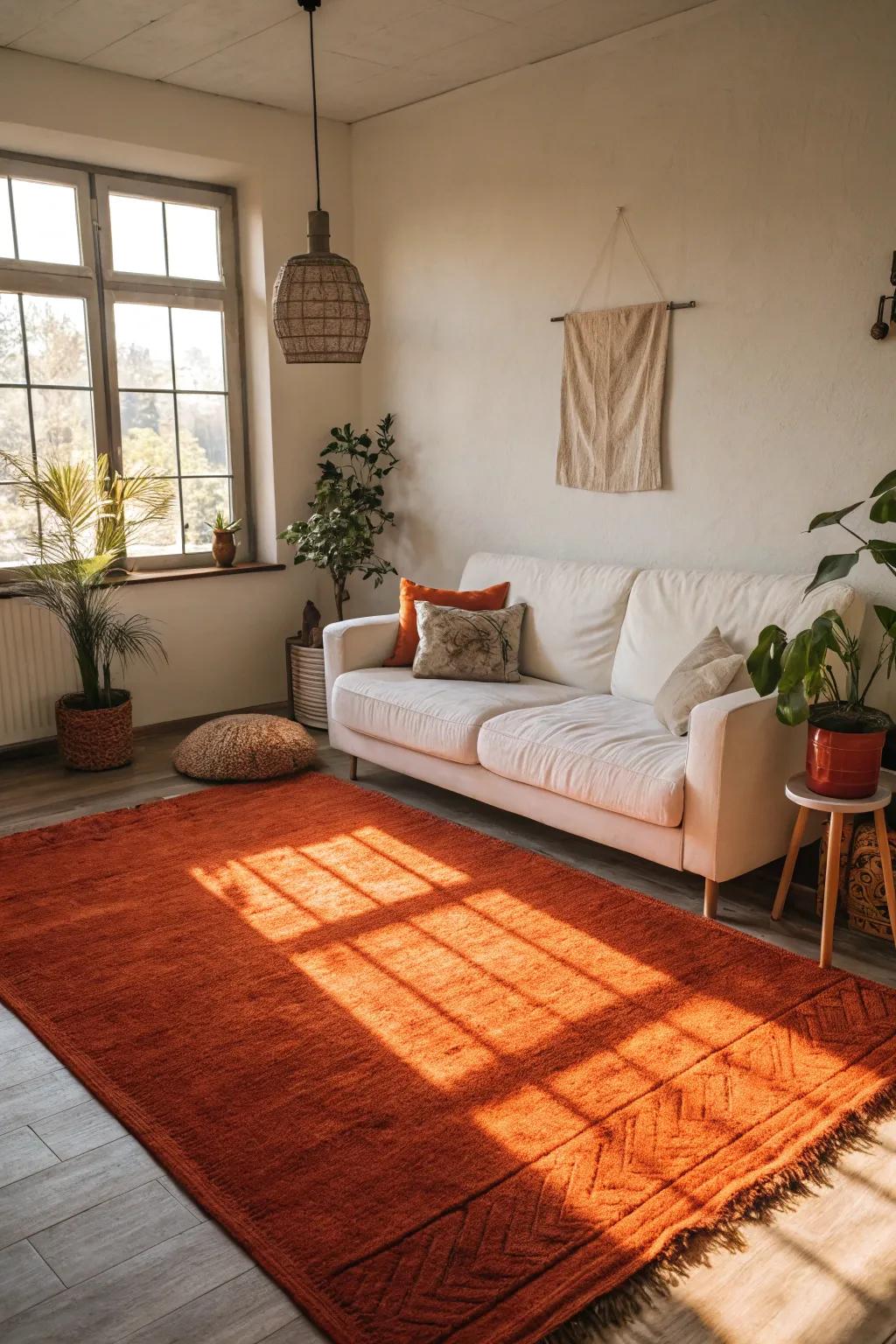 An tangerine rug adds warmth and depth to a cozy, minimalist room.