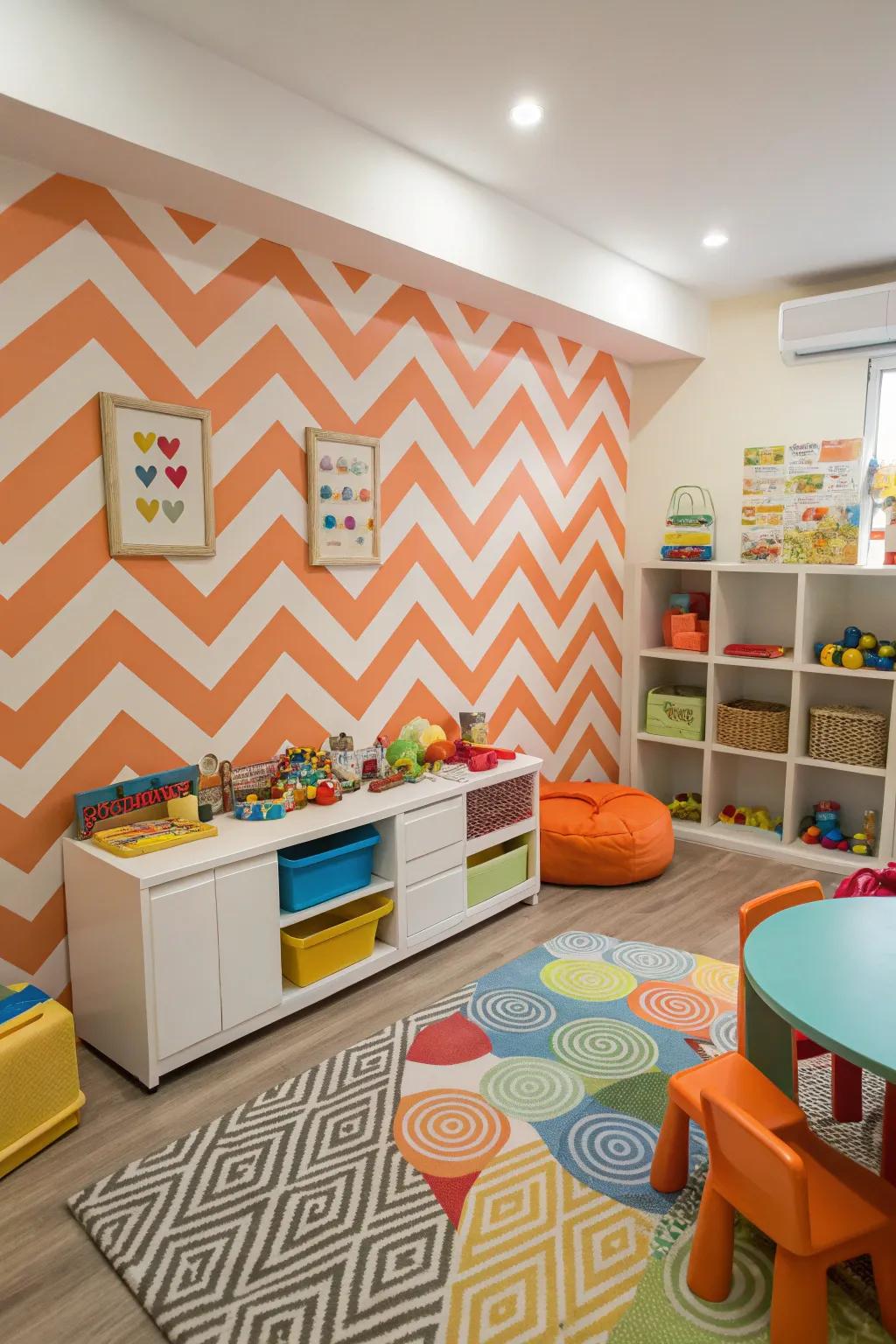 A playroom bursting with energy thanks to its orange and white chevron walls.