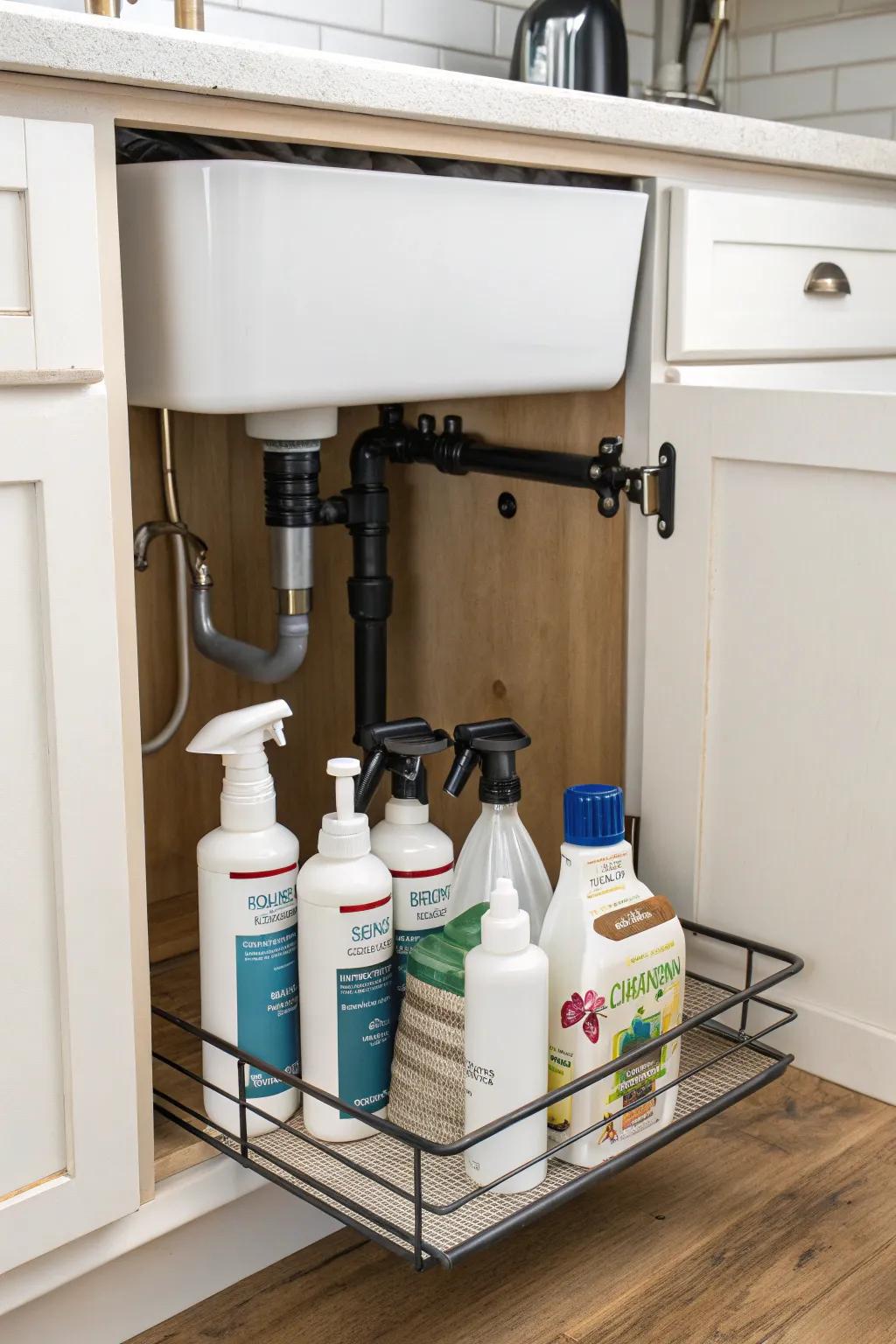 A spring rod adds additional hanging storage for bottles.