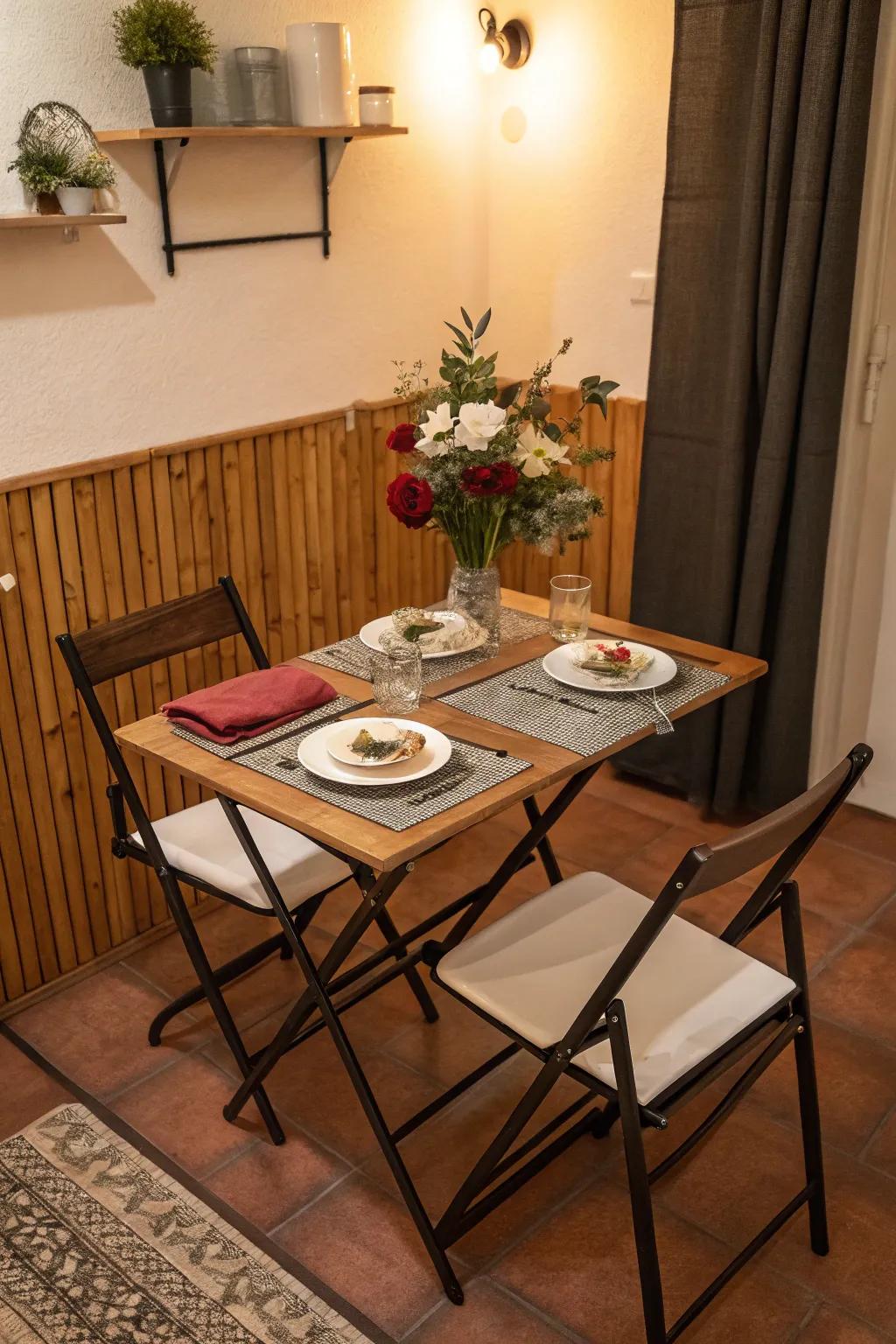 Folding furniture is ideal for small dining spaces.