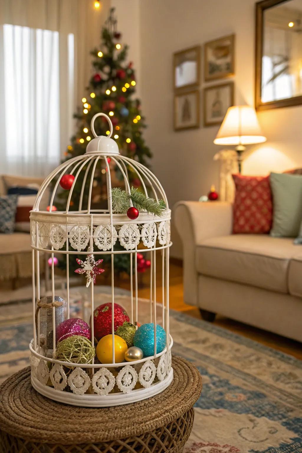 A playful birdcage filled with decorations.