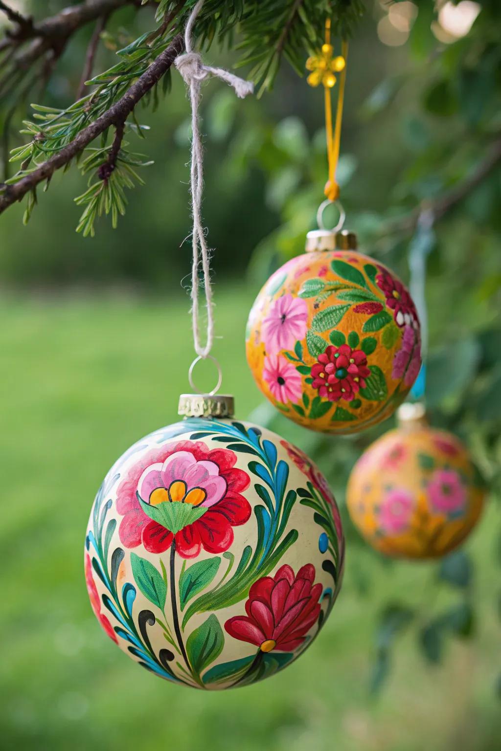 Floral fantasy ornaments bring a touch of spring to winter decor.