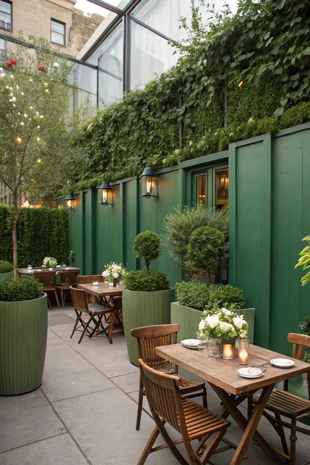 A secluded outdoor dining space featuring lush verdant walls.