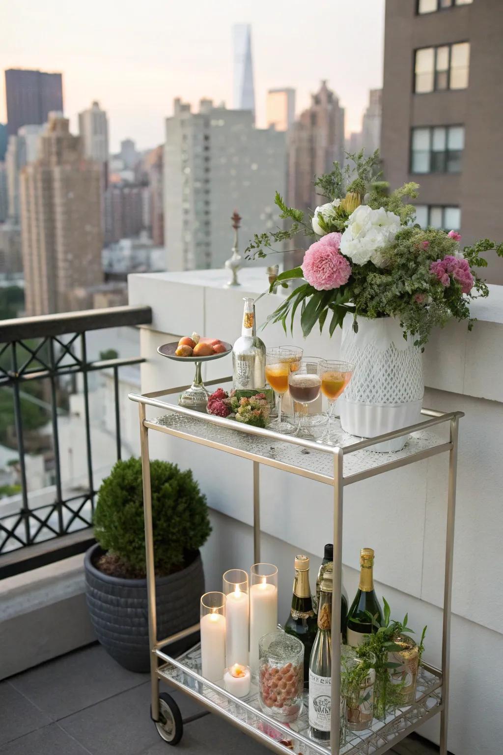 Bar carts contribute functionality and style to outdoor spaces.