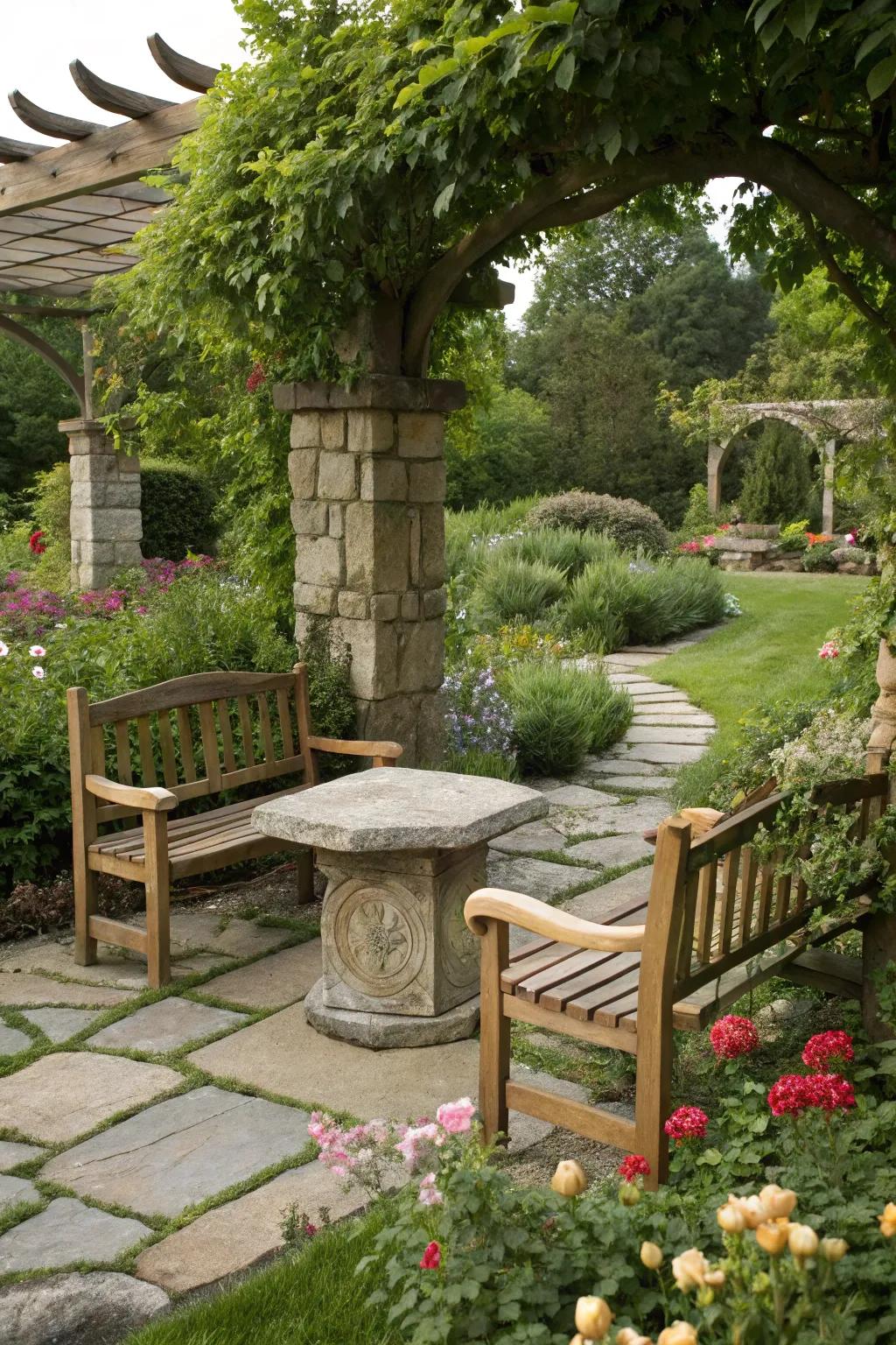 Organic materials such as wood and stone add an earthy touch to garden decor.