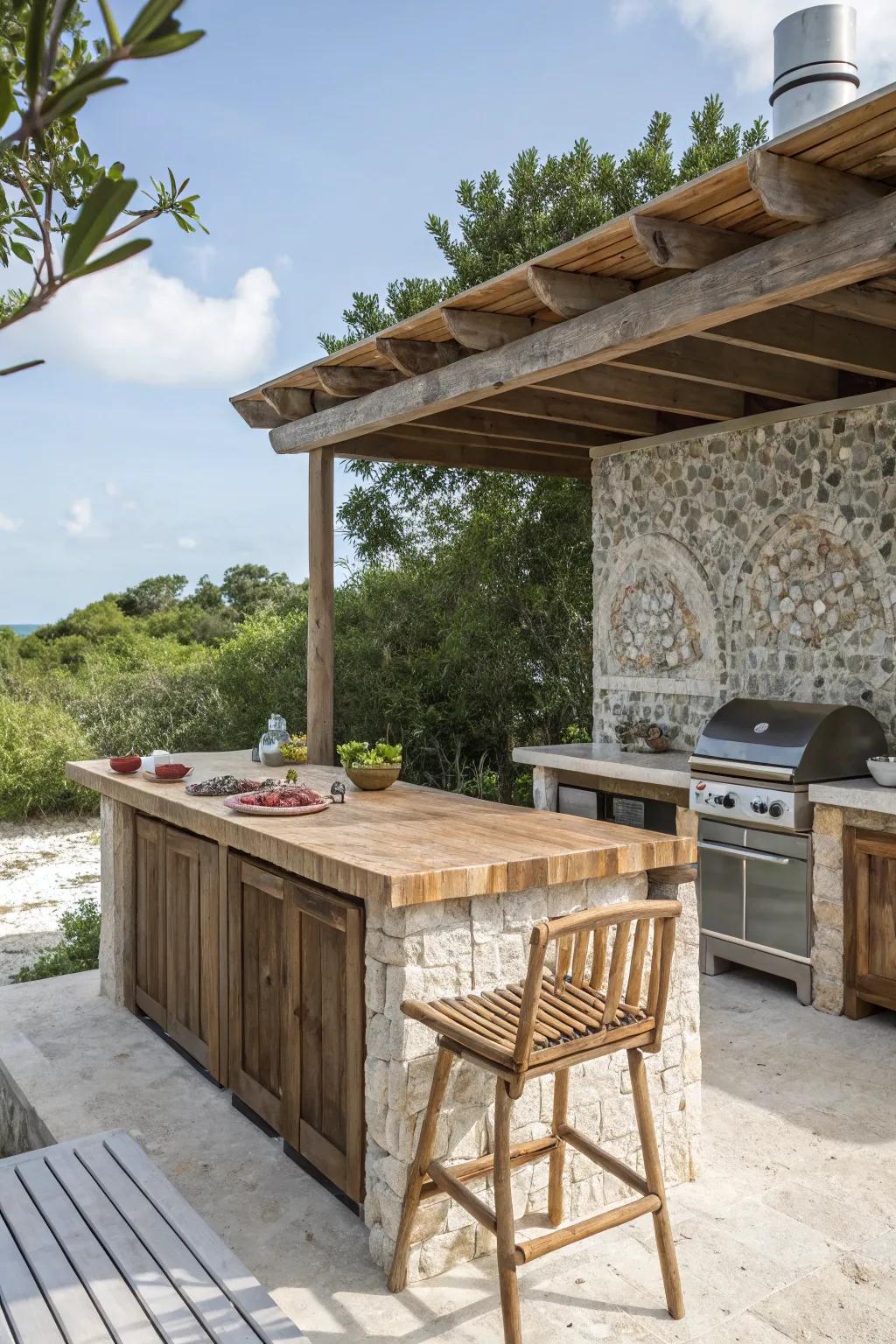 Seashell mosaic backsplashes create a charming coastal ambiance in outdoor cooking areas.