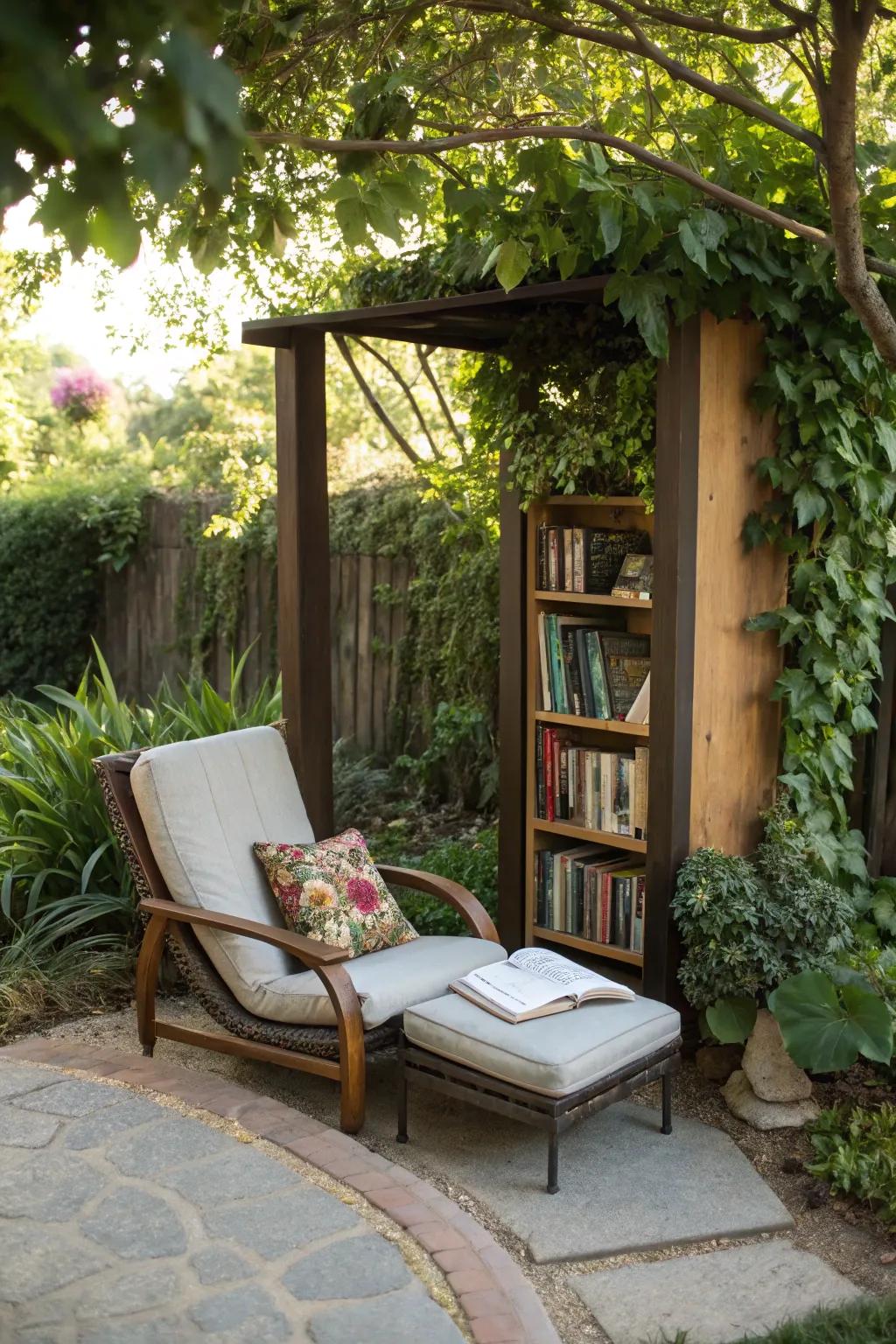 A cozy reading nook is a perfect escape within your outdoor man cave.