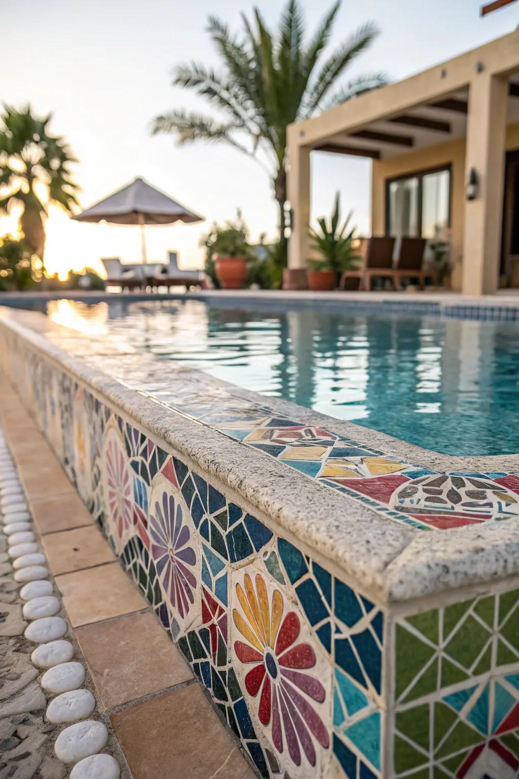 Mosaic tiles add vibrant color and artistic charm to your pool.