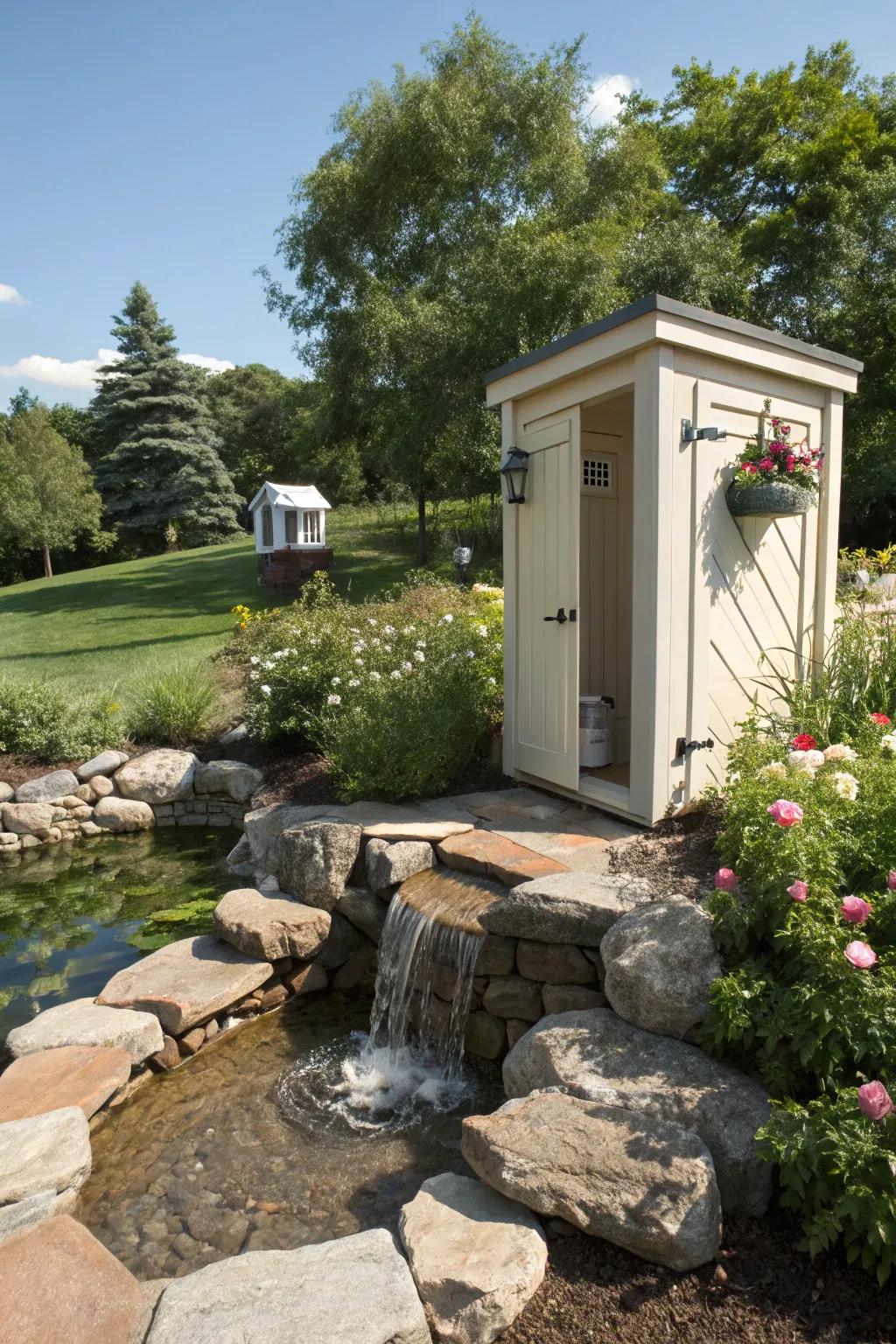 Water features introduce tranquility to outdoor restrooms.