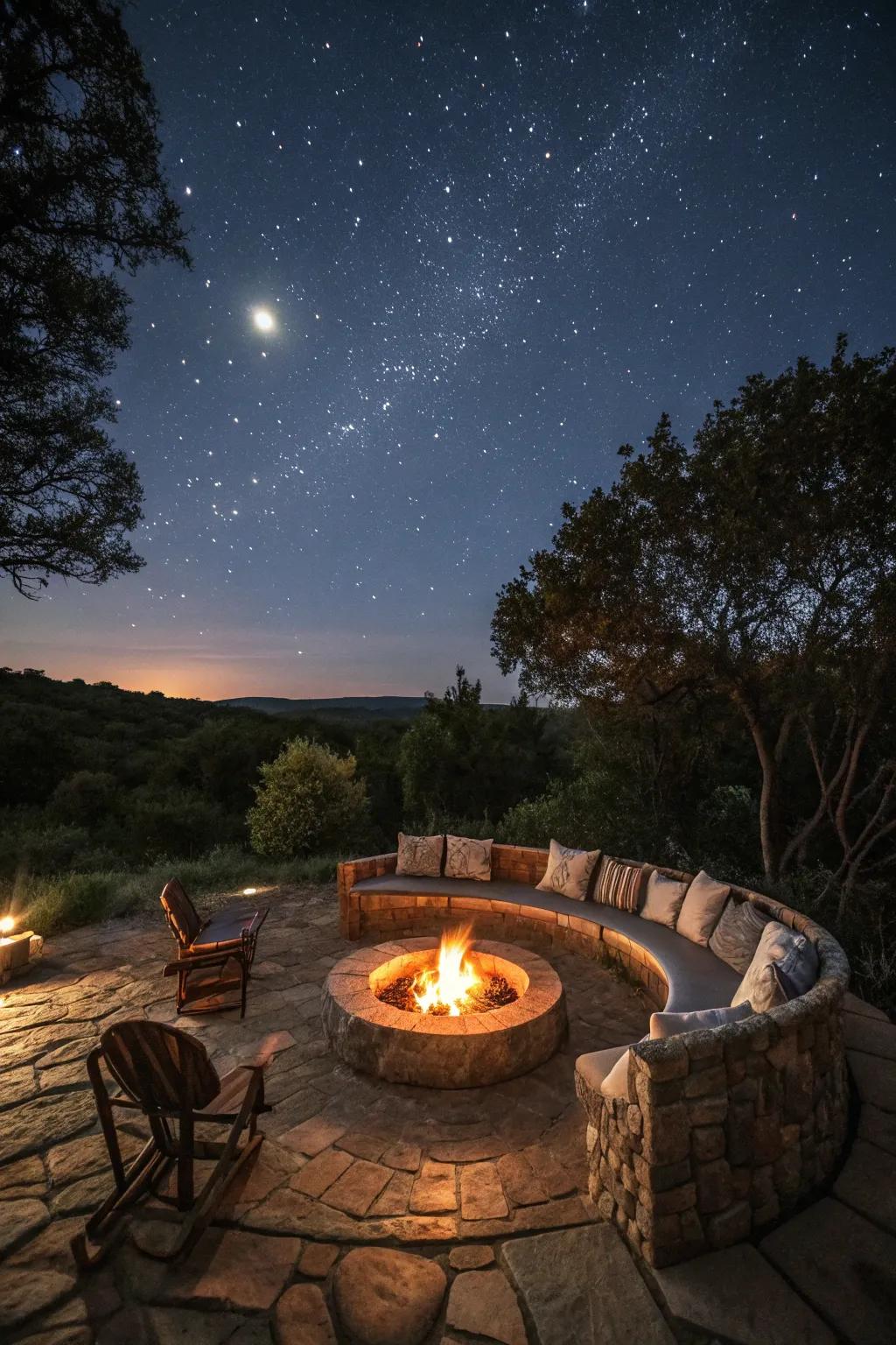 A brazier offers warmth and a central gathering point for outdoor evenings.