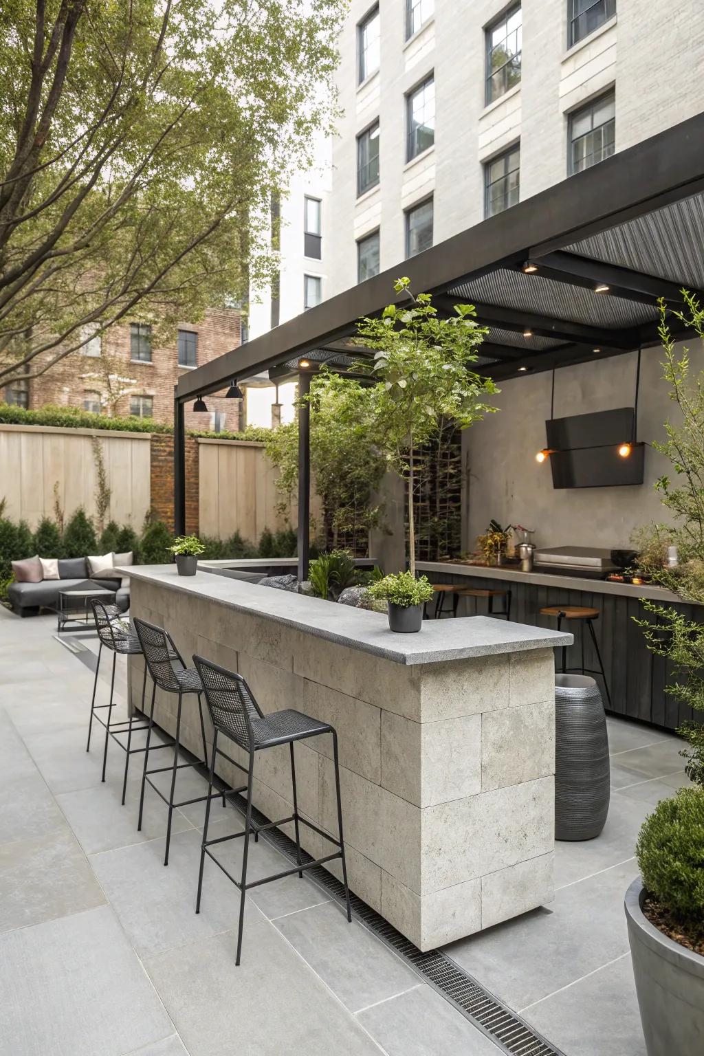 An urban chic stone bar with a modern touch.