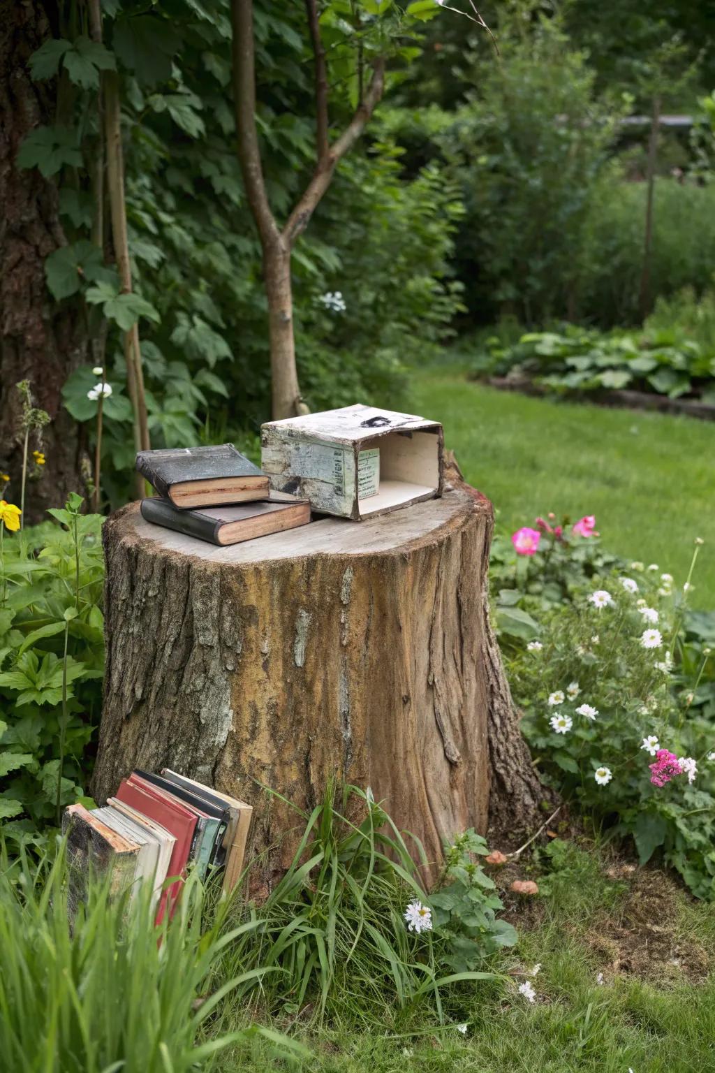 A miniature library on a stump fosters community and the love of reading.