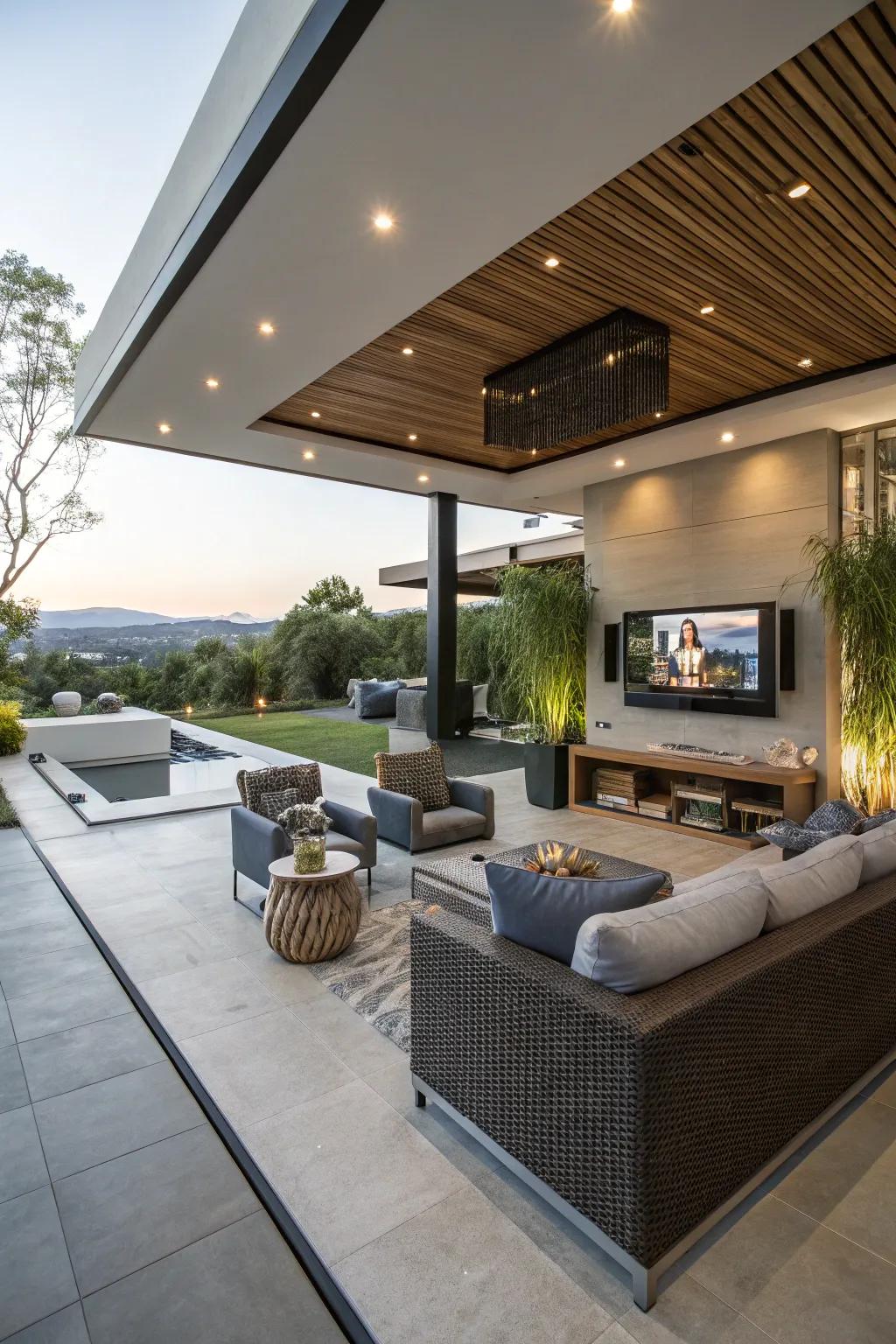 A sunken relaxation space offers a unique and luxurious outdoor TV experience.