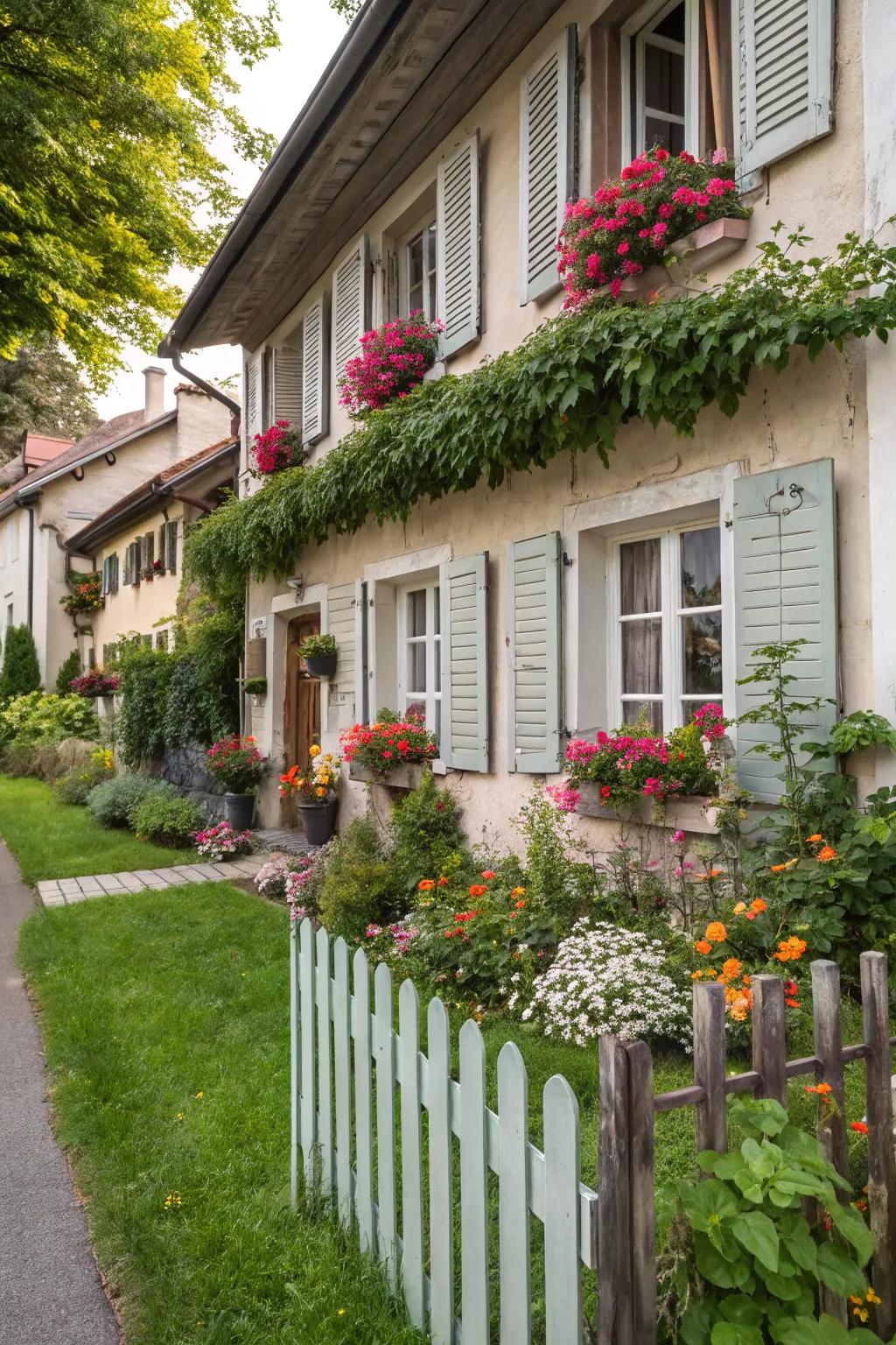 House featuring awnings and window boxes full of flowers.