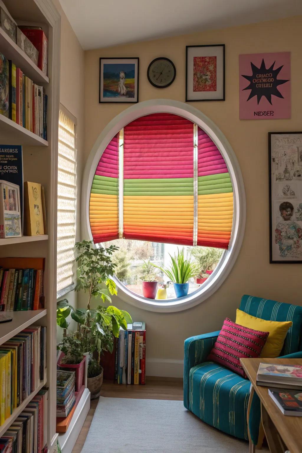 Strong colors on blinds can turn your oval windows into a focal point.