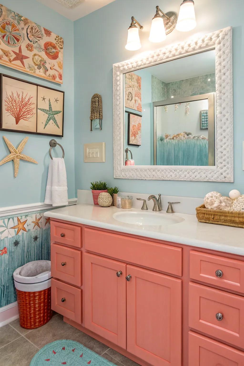 Coral vanities add a delightful and cheerful accent.