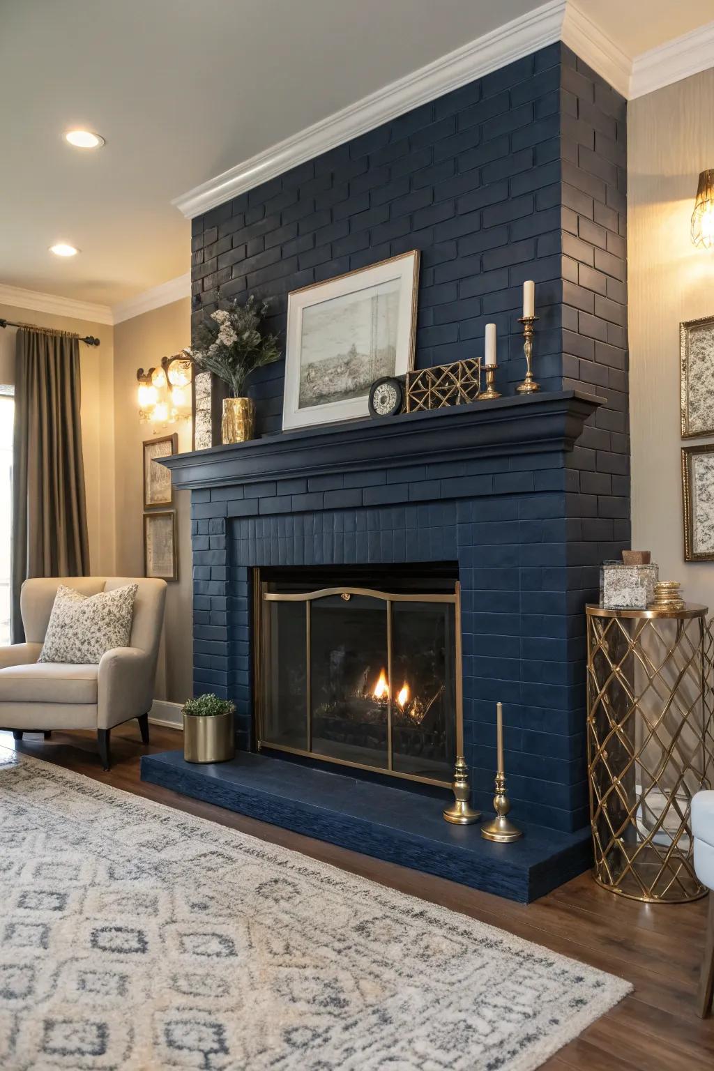 A navy fireplace adds depth and sophistication.