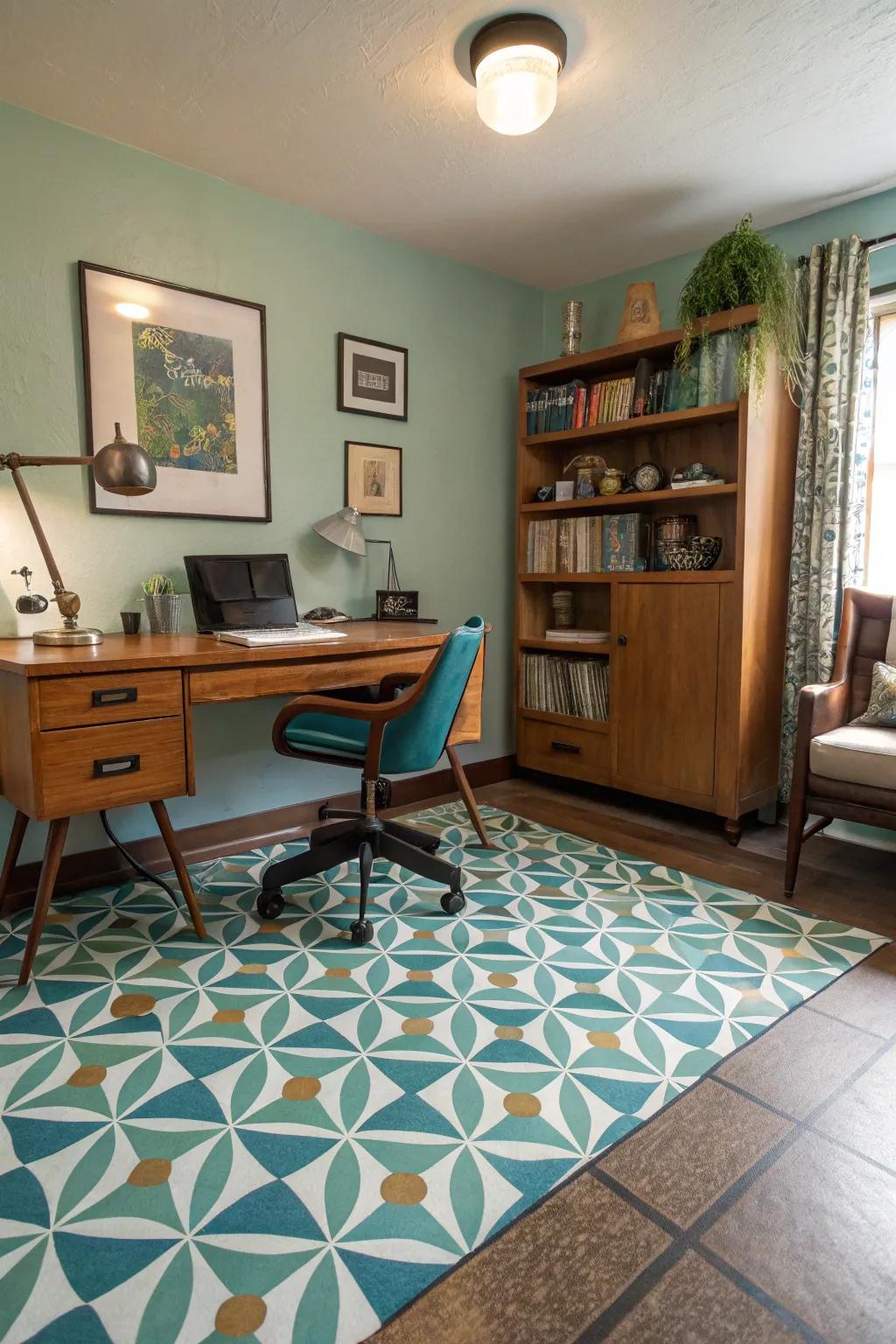A home office with vintage vinyl painted floorings, offering a retro and nostalgic charm.