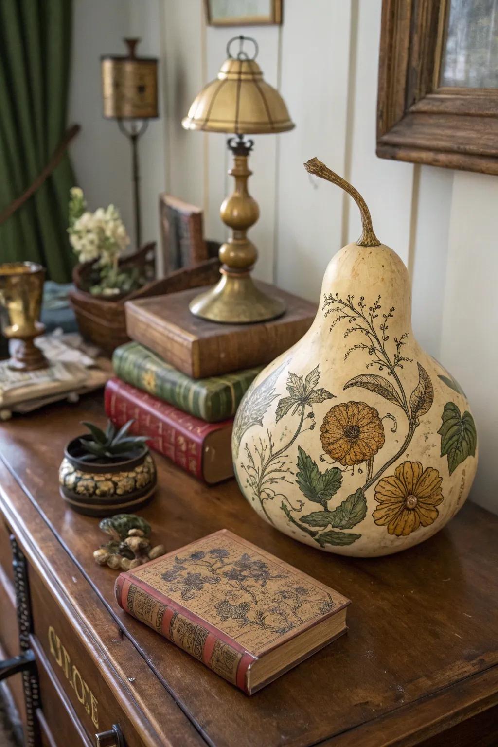 A gourd featuring timeless botanical artwork.