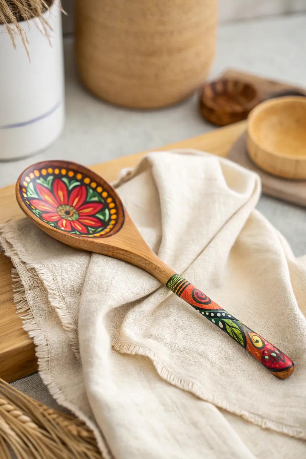 Revamp your cooking space with a burst of color: magnificently painted wood utensils that blend Scandinavian minimalism with bohemian allure.