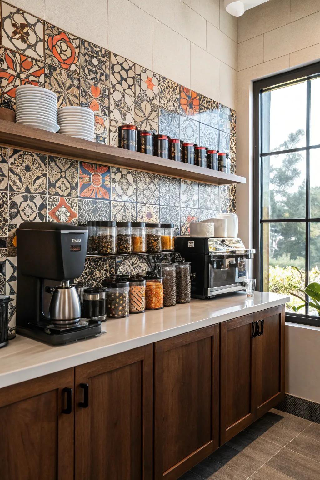 A bold backsplash sets a striking tone in a coffee bar.