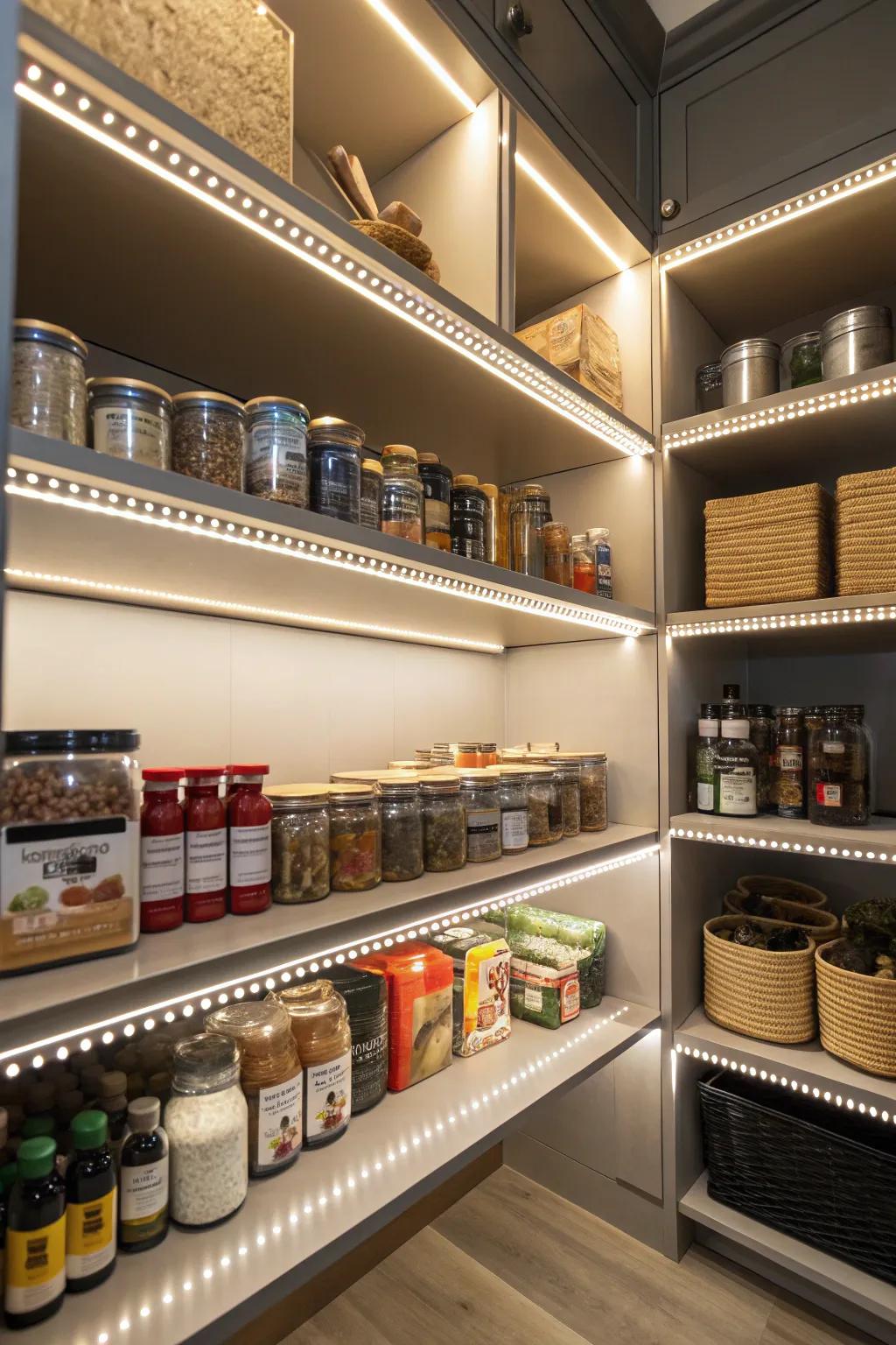 LED strip lighting enhances visibility and gives a modern touch to a pantry.