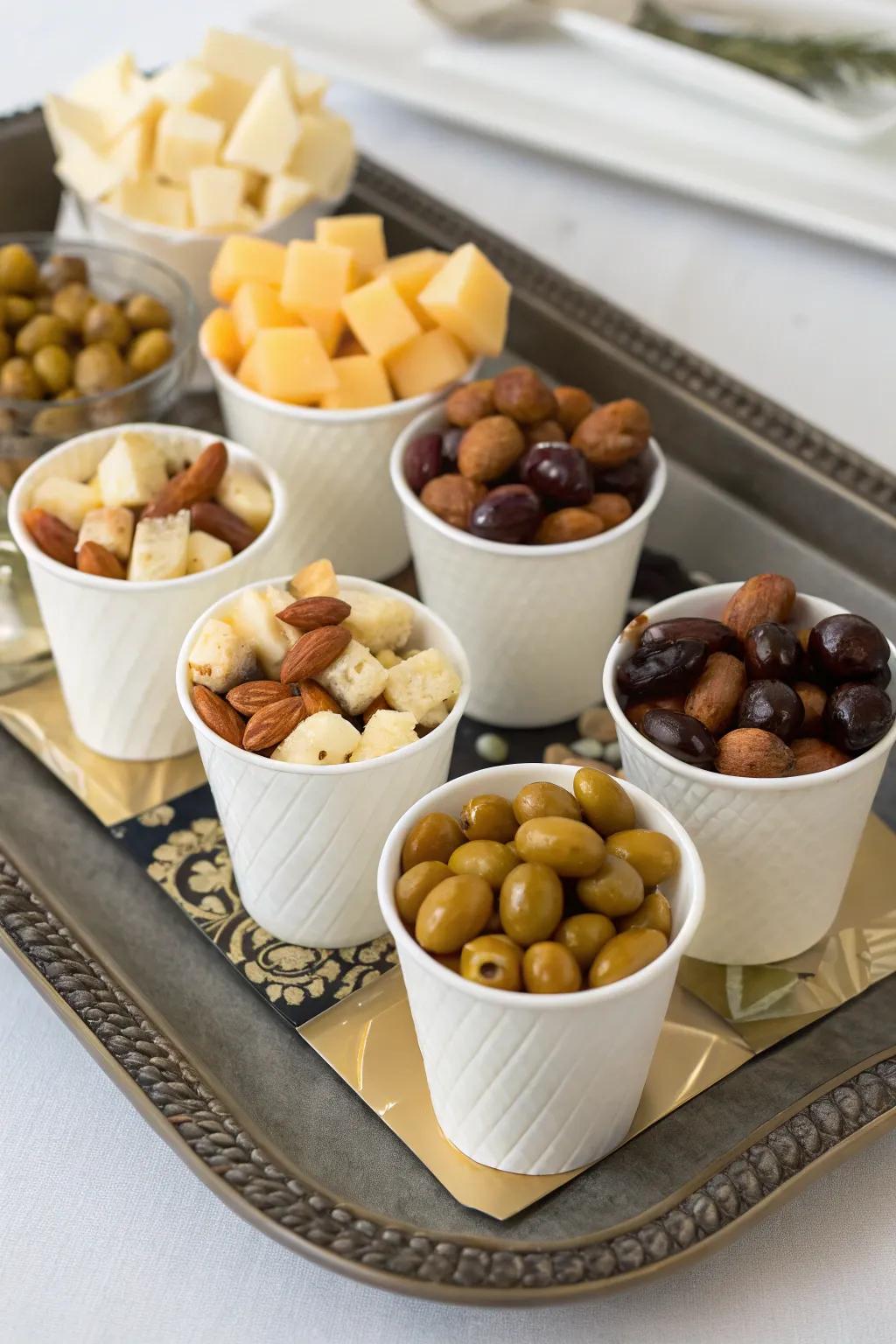 Handy snack cups perfect for mingling and snacking.