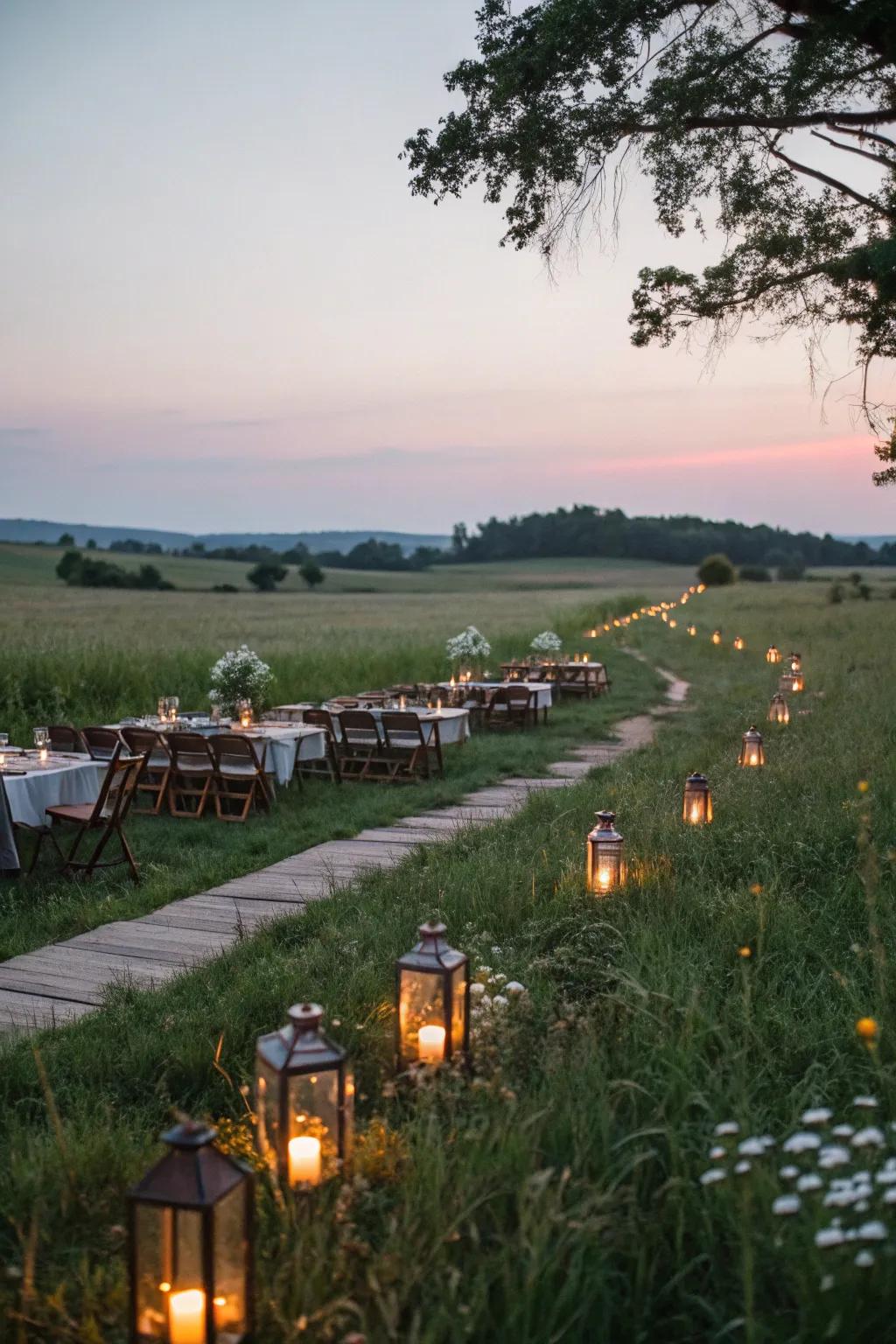 Lanterns inject warmth and charm to the meadow setting.