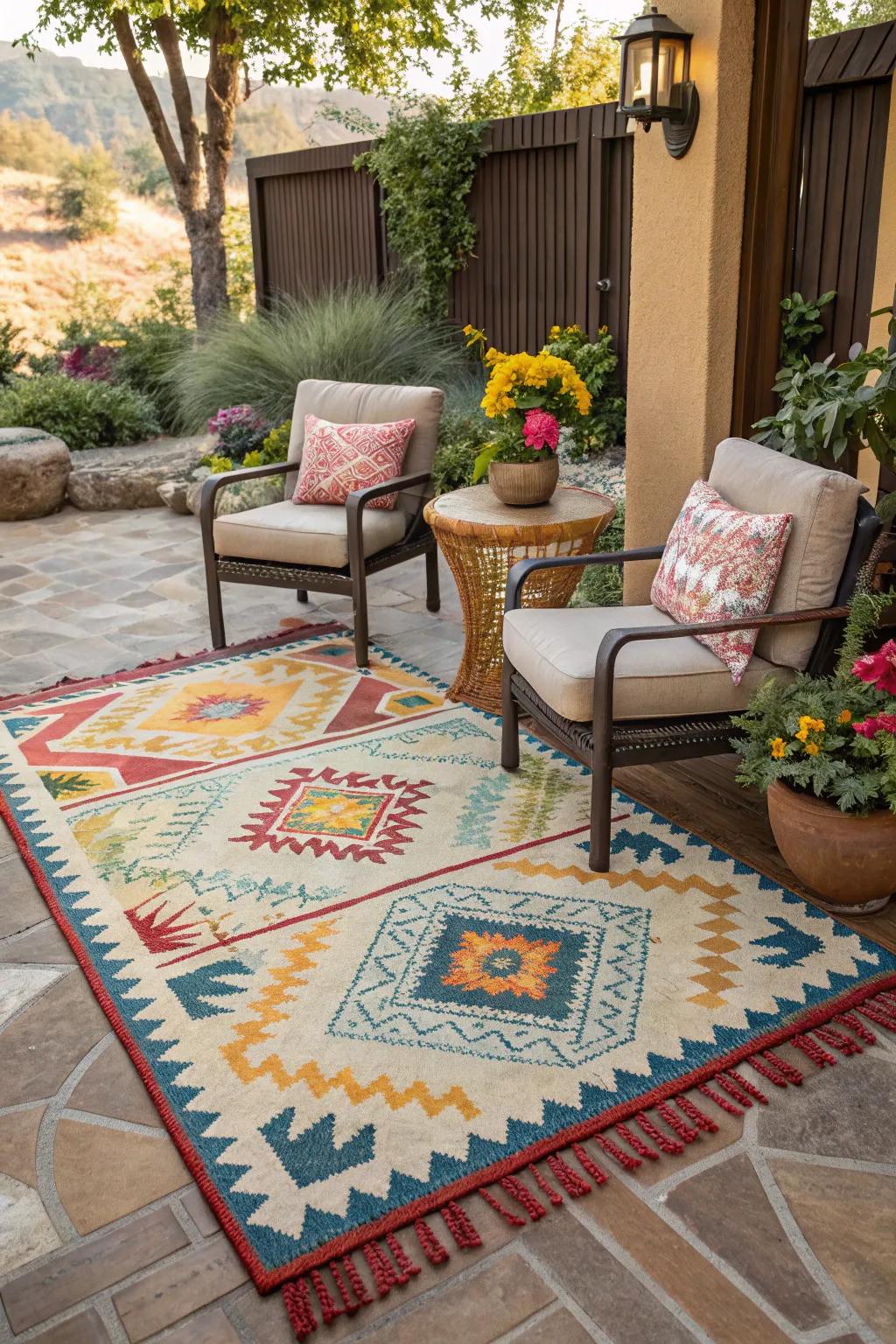 Outdoor carpets incorporate coziness and color to your patio.