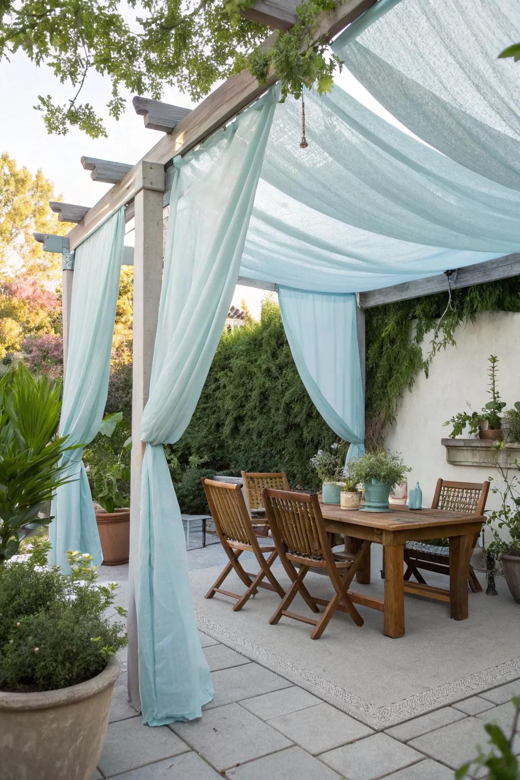 A DIY fabric canopy providing shade on a patio.